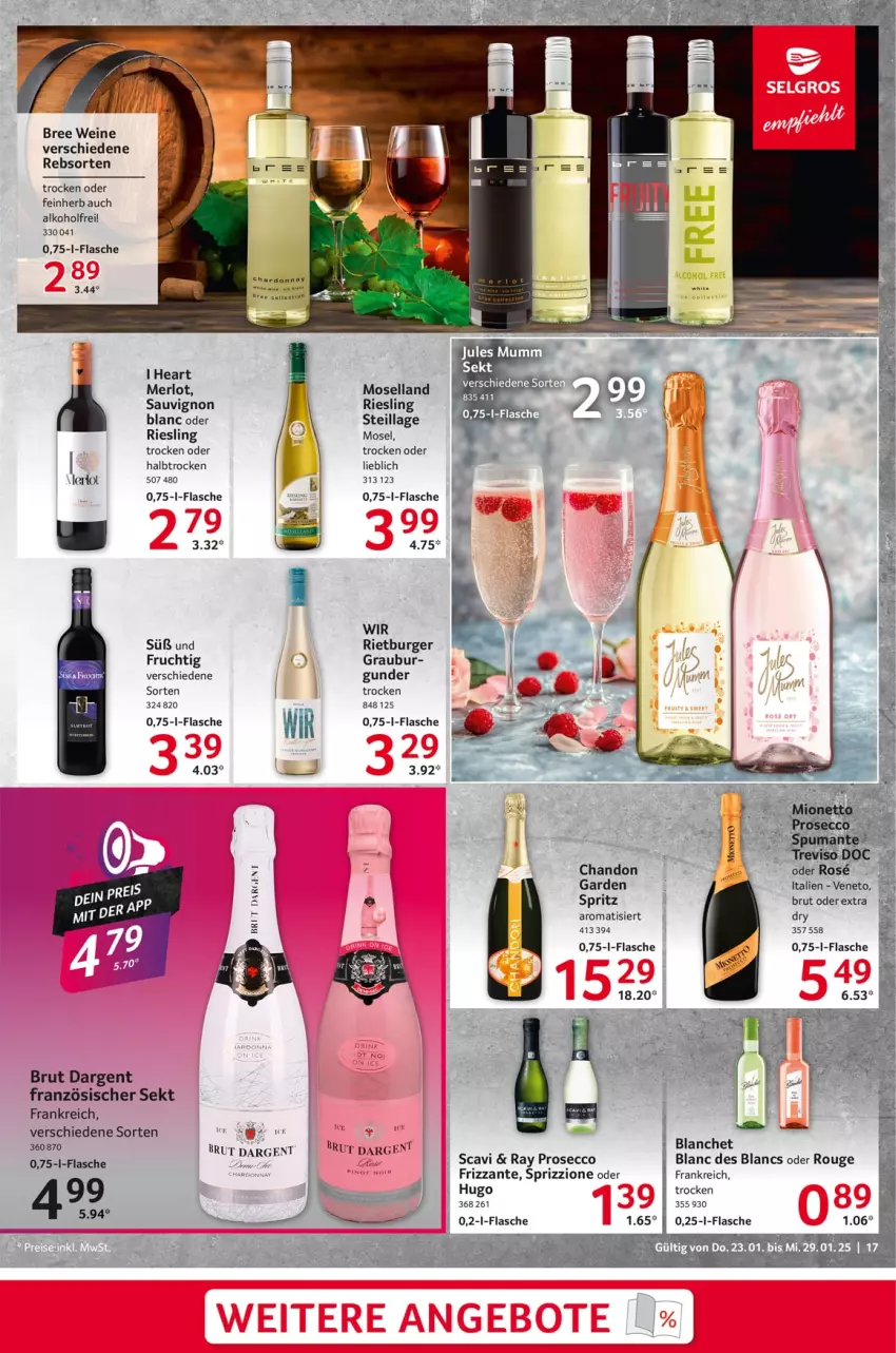 Aktueller Prospekt Selgros - Food - von 23.01 bis 29.01.2025 - strona 17 - produkty: alkohol, bree, brut, brut dargent, burger, ecco, flasche, frizzante, frucht, hugo, merl, merlot, moselland, prosecco, riesling, rouge, sauvignon, sekt, Sprizz, Ti, wein, weine