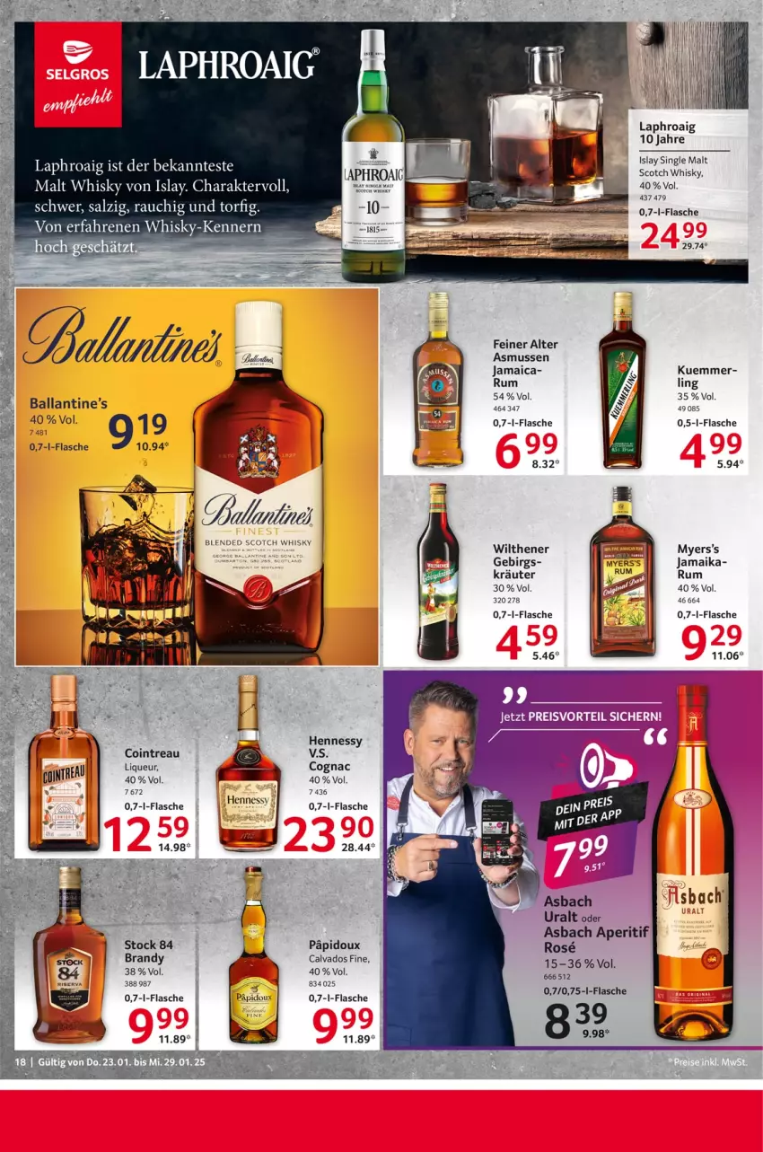 Aktueller Prospekt Selgros - Food - von 23.01 bis 29.01.2025 - strona 18 - produkty: aperitif, asbach uralt, ball, blended scotch, blended scotch whisky, Cognac, flasche, kräuter, laphroaig, liqueur, Rauch, rum, salz, scotch, scotch whisky, Ti, whisky, wilthener