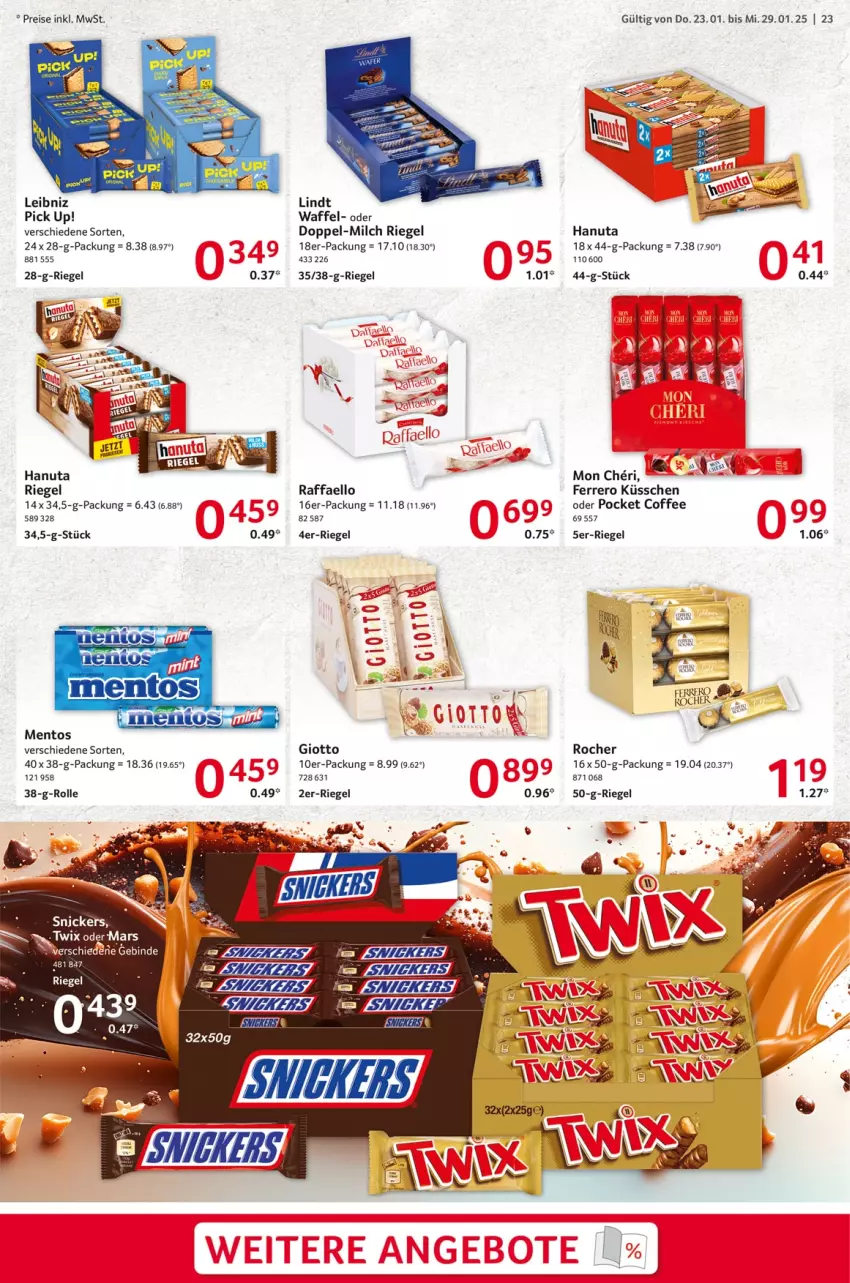 Aktueller Prospekt Selgros - Food - von 23.01 bis 29.01.2025 - strona 23 - produkty: eis, ferrero, Ferrero Küsschen, giotto, hanuta, leibniz, lindt, mentos, milch, Pick Up!, raffaello, reis, riegel, snickers, Ti, WICK