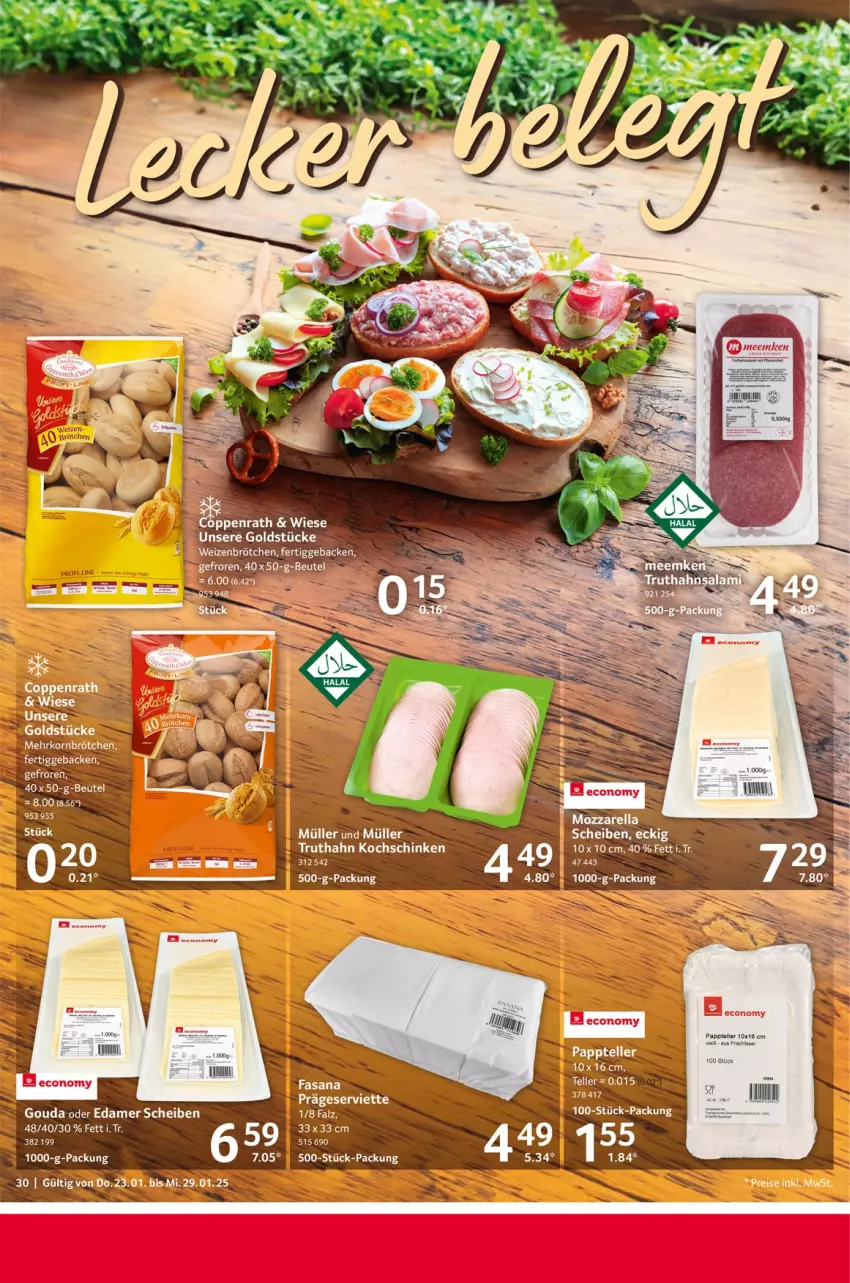 Aktueller Prospekt Selgros - Food - von 23.01 bis 29.01.2025 - strona 30 - produkty: brötchen, edamer, elle, ente, geback, Goldstücke, gouda, kochschinken, salami, schinken, Serviette, tee, teller, Ti, truthahn, weizenbrötchen