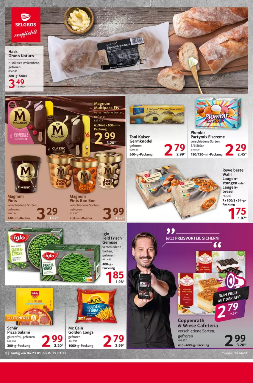 Aktueller Prospekt Selgros - Food - von 23.01 bis 29.01.2025 - strona 8 - produkty: Becher, brezel, brot, coppenrath, creme, eis, eiscreme, Germ, Golden Longs, iglo, Kaiser, Knödel, magnum, natur, pizza, rewe beste wahl, Ria, salami, Ti, Weizenbrot