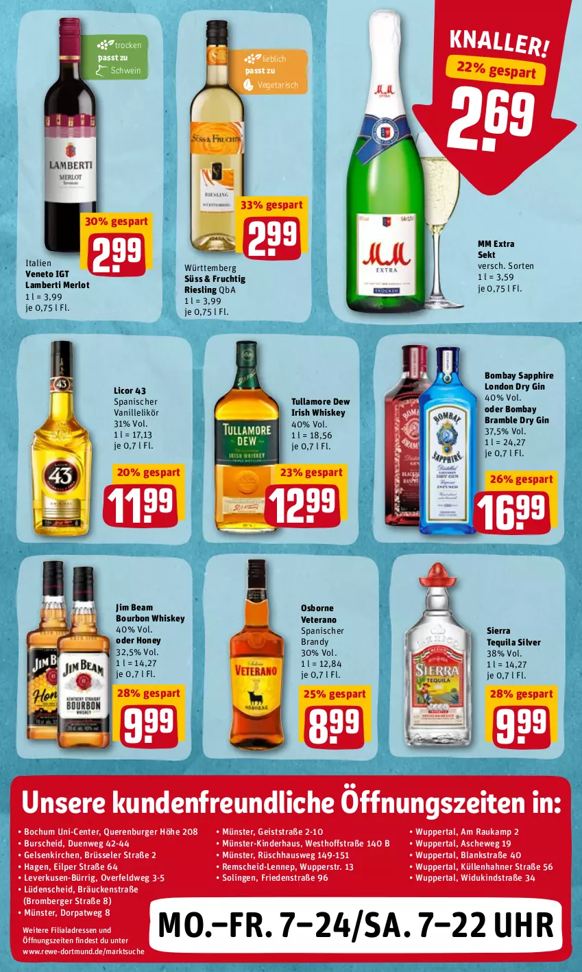 Aktueller Prospekt Rewe - REWE Ihr Kaufpark - von 14.03 bis 19.03.2022 - strona 21 - produkty: Amber, Berger, bombay sapphire, bourbon, bourbon whiskey, burger, dry gin, eis, ente, frucht, gin, irish whiskey, jim beam, Kinder, licor, licor 43, likör, london dry, london dry gin, merl, merlot, mm extra, osborne, riesling, sapphire, schwein, sekt, Sierra, sierra tequila, tequila, Ti, tullamore, tullamore dew, uhr, vanille, Vegeta, veterano, wein, whiskey