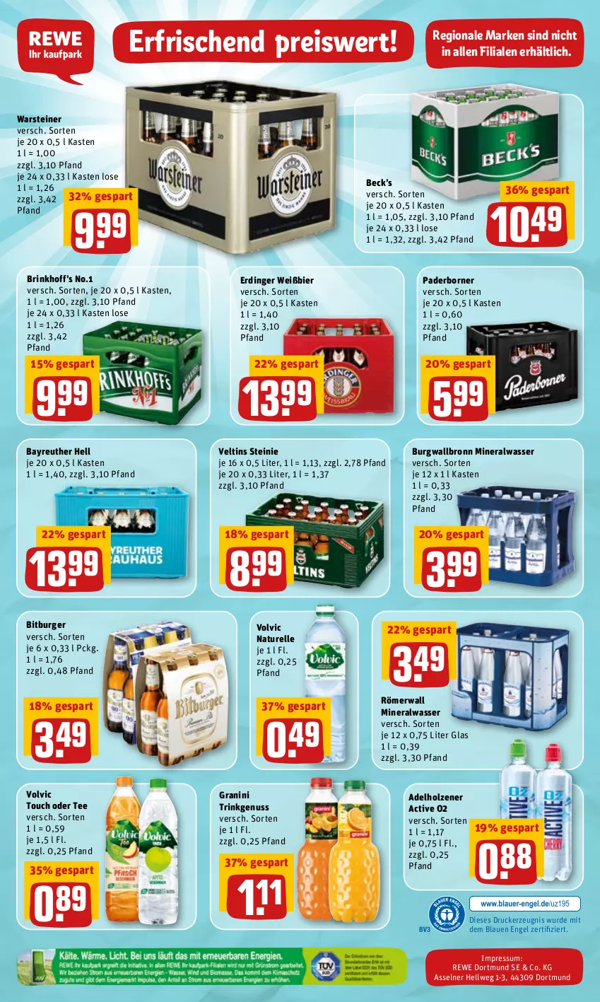 Aktueller Prospekt Rewe - REWE Ihr Kaufpark - von 14.03 bis 19.03.2022 - strona 24 - produkty: adelholzener, Alwa, bier, bitburger, burger, burgwallbronn, drucker, eis, elle, Engel, erdinger, granini, Holz, kerze, mineralwasser, natur, nuss, reis, rel, steiner, tee, Ti, veltins, volvic, warsteiner, wasser