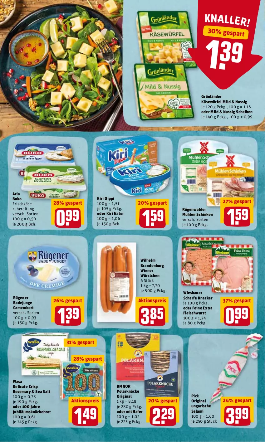 Aktueller Prospekt Rewe - REWE Ihr Kaufpark - von 14.03 bis 19.03.2022 - strona 8 - produkty: aktionspreis, arla, arla buko, auer, Bad, Bau, Bauer, brot, Buko, camembert, dip, eis, fleisch, fleischwurst, frischkäse, frischkäsezubereitung, gin, grünländer, hafer, Jubiläums, Käse, kiri, knäckebrot, knacker, mühlen schinken, natur, nuss, Polarknäcke, reis, Rügener, rügener badejunge, rügenwalder, rügenwalder mühle, salami, schinken, Ti, Ungarische Salami, wasa, wiener, wiener würstchen, wiesbauer, würfel, wurst, würstchen