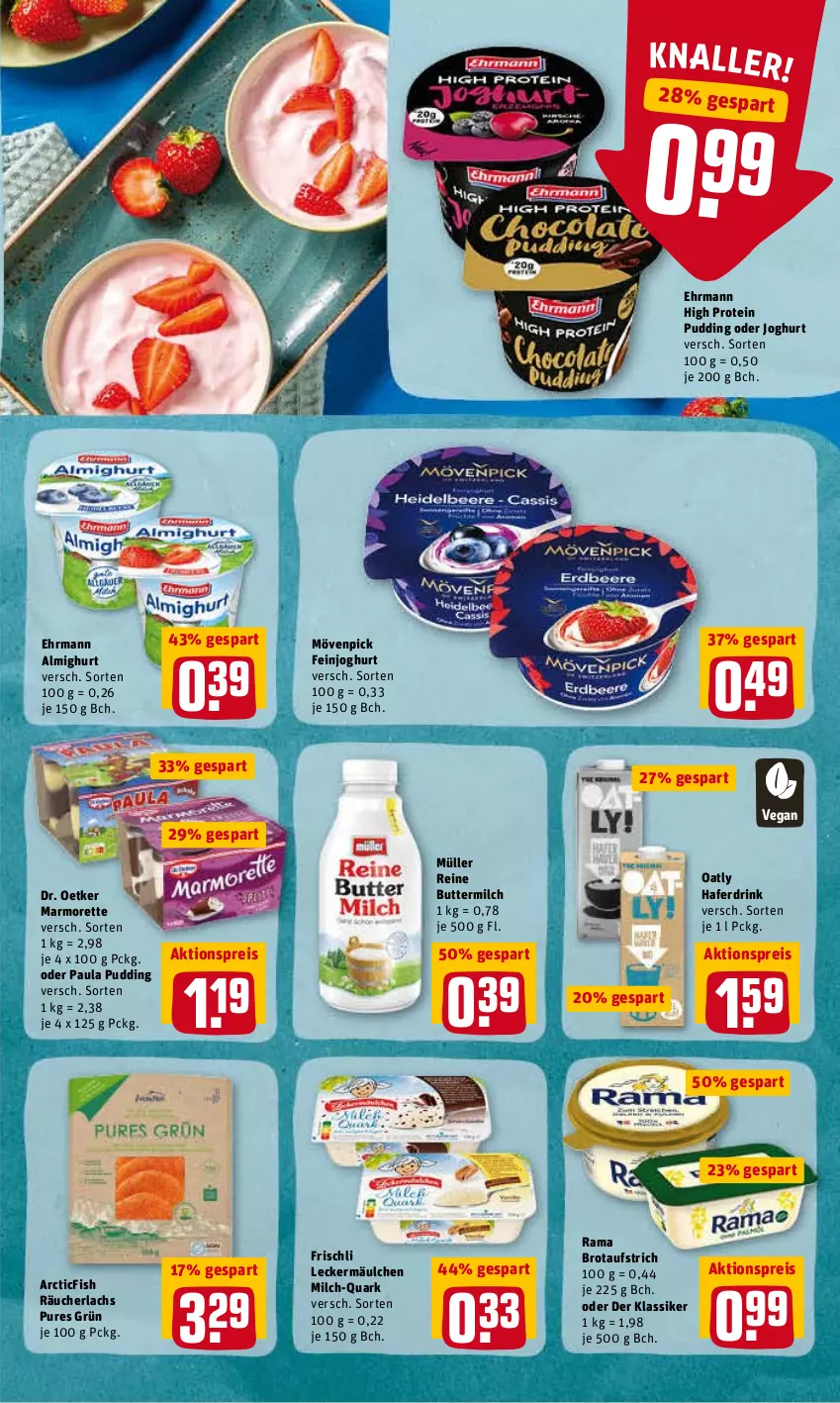 Aktueller Prospekt Rewe - REWE Ihr Kaufpark - von 14.03 bis 19.03.2022 - strona 9 - produkty: aktionspreis, almighur, almighurt, aufstrich, brot, brotaufstrich, butter, buttermilch, Dr. Oetker, drink, ehrmann, ehrmann almighurt, eis, feinjoghurt, frischli, hafer, Haferdrink, joghur, joghurt, lachs, leckermäulchen, marmorette, milch, mövenpick, Müller, Paula, paula pudding, pudding, quark, rama, Räucherlachs, reine buttermilch, reis, Ti