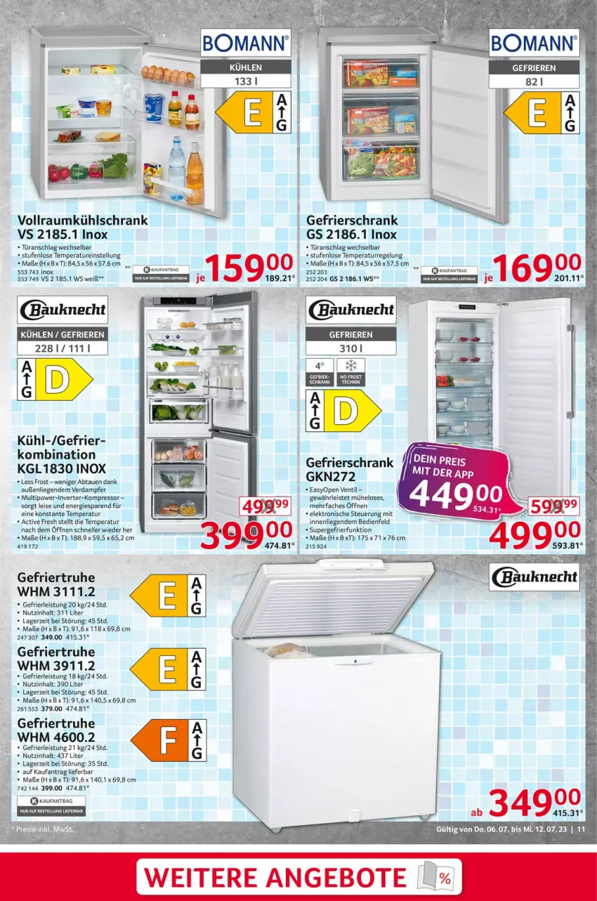 Aktueller Prospekt Selgros - Nonfood - von 06.07 bis 12.07.2023 - strona 11 - produkty: angebot, angebote, Bau, bauknecht, eier, eis, Elektro, elle, gefrierschrank, kompressor, kühlschrank, Liege, Schrank, supergefrierfunktion, tee, Ti, türanschlag wechselbar, Yo