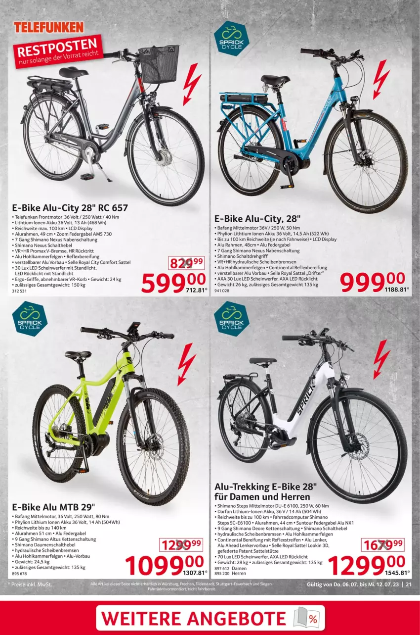 Aktueller Prospekt Selgros - Nonfood - von 06.07 bis 12.07.2023 - strona 21 - produkty: akku, angebot, angebote, Bau, computer, deo, E-Bike, eis, elle, Fahrrad, felgen, gabel, Kette, korb, LG, lion, nexus, promax, pute, reifen, rücklicht, rwe, sattel, sattelstütze, Schal, shimano, tee, telefunken, Ti