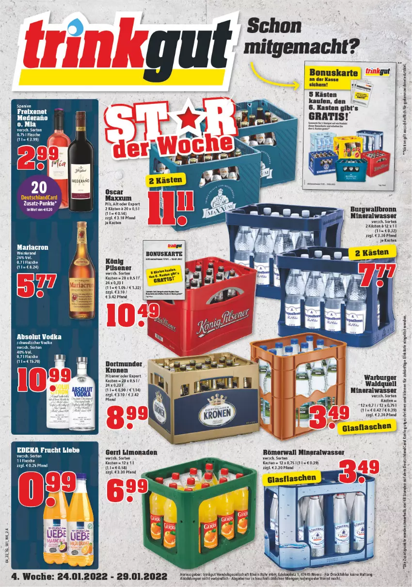 Aktueller Prospekt Trinkgut - von 24.01 bis 29.01.2022 - strona 1 - produkty: Absolut Vodka, Alwa, arla, burger, burgwallbronn, deka, deutschlandcard, eier, erde, flasche, frucht, glasflasche, krone, limo, limonade, limonaden, mac, mineralwasser, pils, pilsener, rwe, Ti, uhr, vodka, wasser