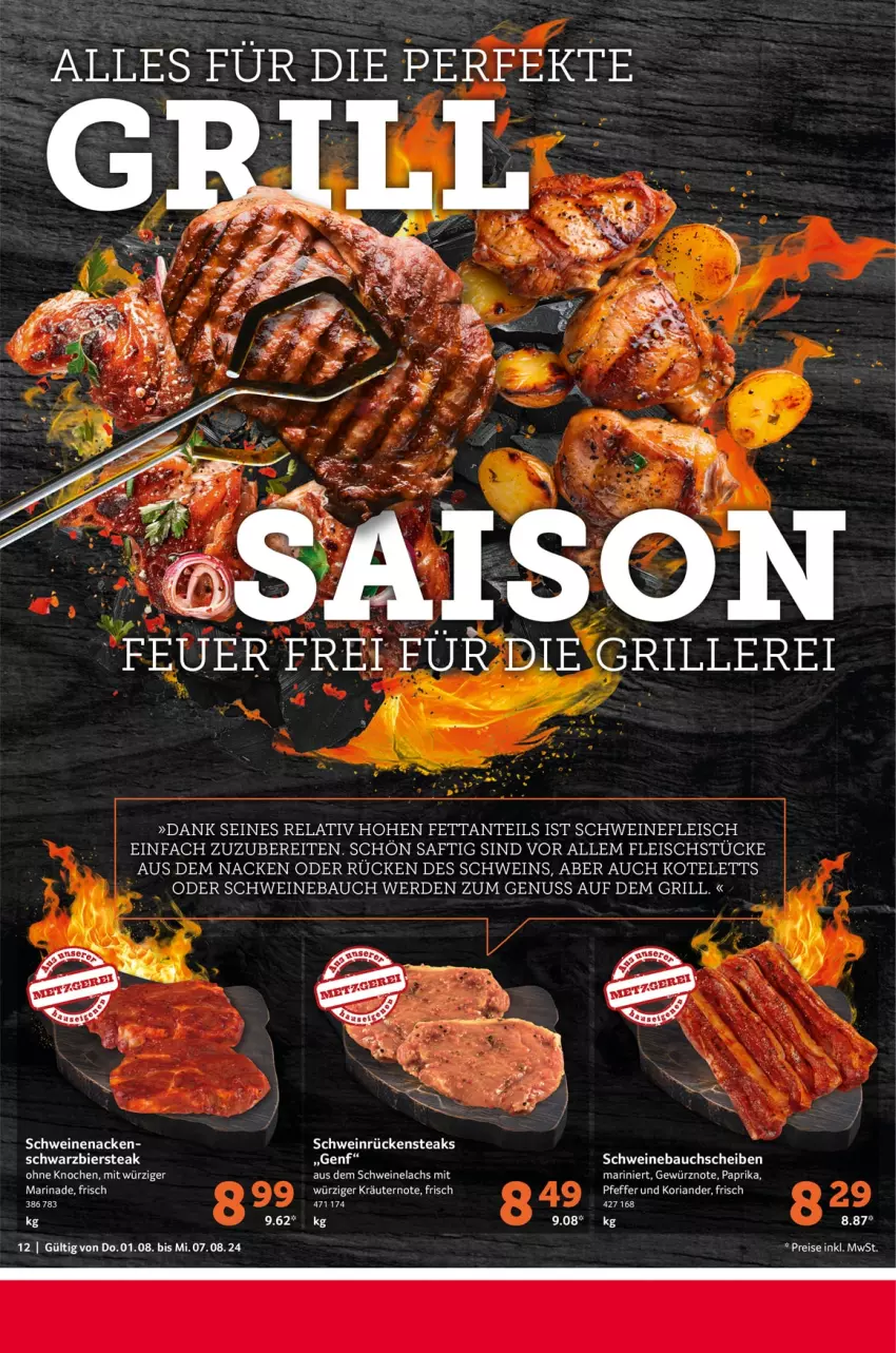 Aktueller Prospekt Selgros - Food - von 01.08 bis 07.08.2024 - strona 12 - produkty: Bau, bauchscheiben, bier, eis, erde, fleisch, gewürz, grill, Koriander, kotelett, lachs, marinade, nuss, paprika, pfeffer, reis, rel, Ria, Rückensteak, rückensteaks, saft, schwein, schweine, Schweinebauch, schweinebauchscheiben, schweinefleisch, Schweinelachs, schweinenacken, steak, steaks, Ti, wein, weine