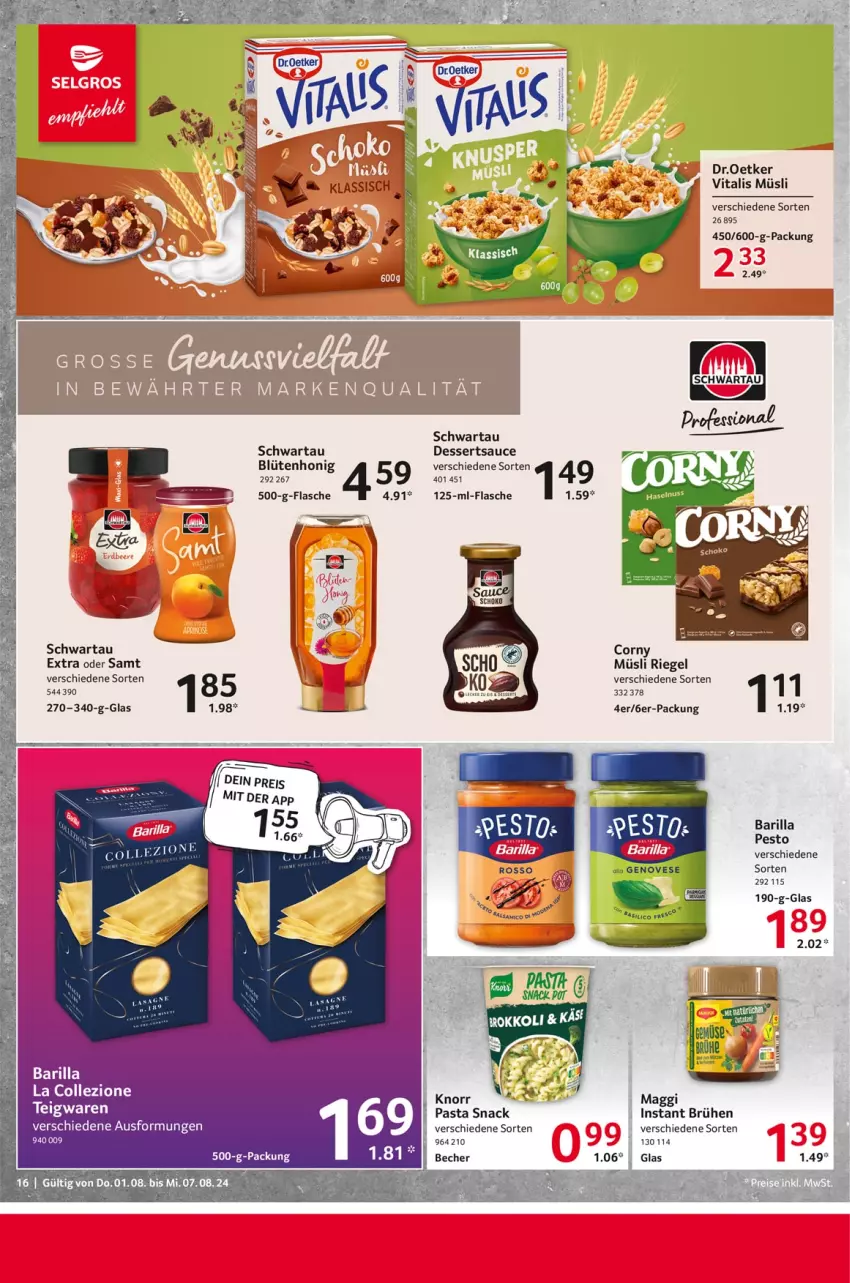 Aktueller Prospekt Selgros - Food - von 01.08 bis 07.08.2024 - strona 16 - produkty: barilla, Becher, Blüte, blütenhonig, Brühe, corny, dessert, desserts, dessertsauce, flasche, honig, müsli, pasta, pasta snack, pesto, riegel, sauce, Schwartau, snack, Ti, vita, vitalis, vitalis müsli