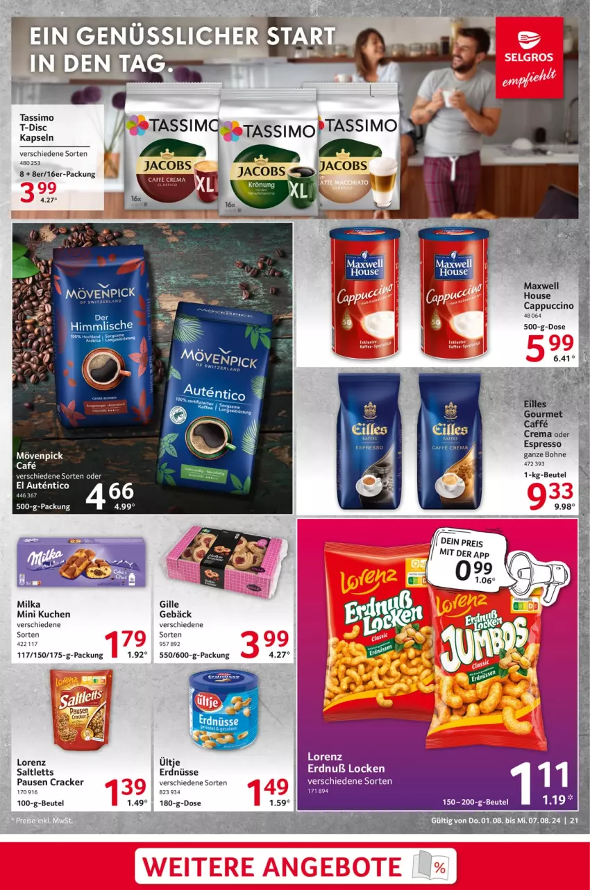 Aktueller Prospekt Selgros - Food - von 01.08 bis 07.08.2024 - strona 21 - produkty: beutel, bohne, Cap, cappuccino, cin, cracker, erdnüsse, espresso, jacobs, jacobs krönung, kuchen, lorenz, milka, oder espresso, saltletts, sim, tassimo, Ti, ültje