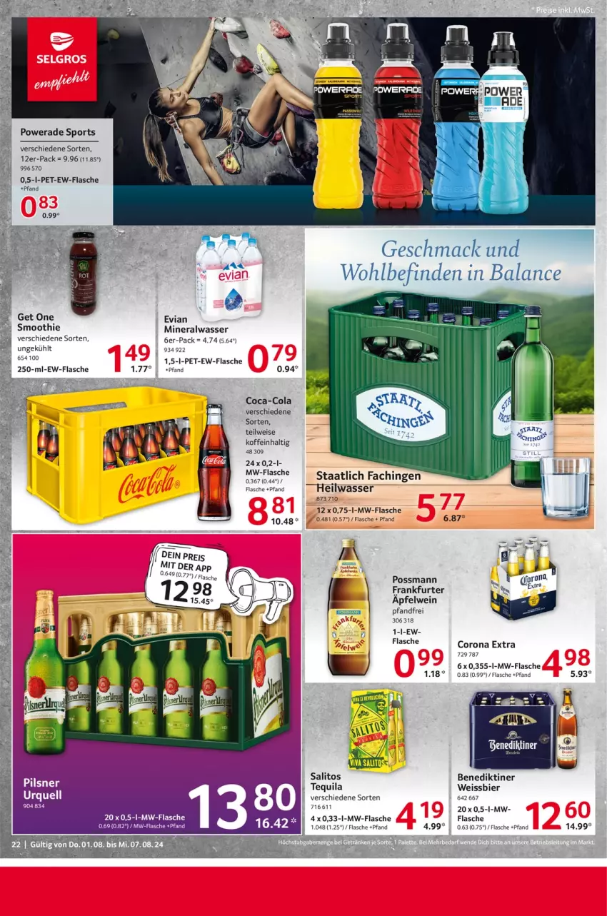 Aktueller Prospekt Selgros - Food - von 01.08 bis 07.08.2024 - strona 22 - produkty: Alwa, apfel, apfelwein, Benediktiner, bier, coca-cola, cola, corona, corona extra, eis, flasche, frankfurter, mac, mineralwasser, mw-flasche, smoothie, Sport, tequila, Ti, wasser, wein, weissbier