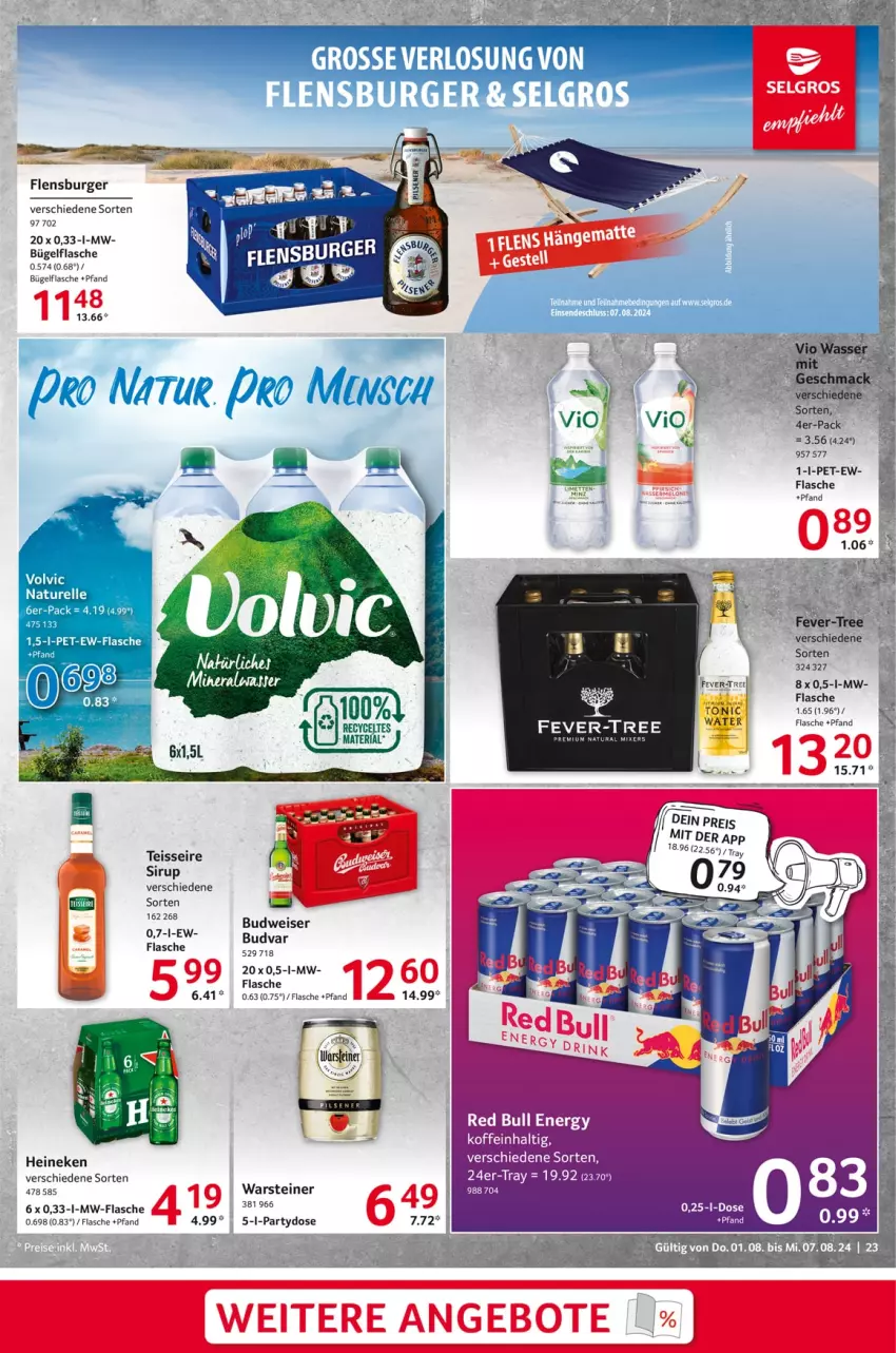 Aktueller Prospekt Selgros - Food - von 01.08 bis 07.08.2024 - strona 23 - produkty: budweiser, bügel, bügelflasche, burger, eis, fever-tree, flasche, flensburger, heineken, LG, mw-flasche, red bull, Ria, sirup, steiner, tee, Ti, uhr, warsteiner, wasser