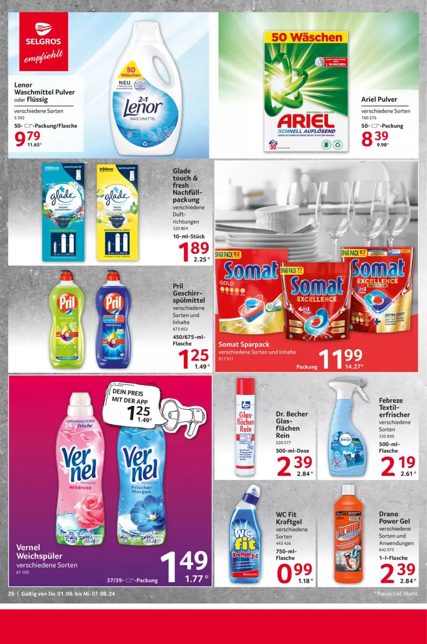 Aktueller Prospekt Selgros - Food - von 01.08 bis 07.08.2024 - strona 26 - produkty: ariel, Becher, febreze, flasche, geschirr, gin, kraft, lenor, lenor waschmittel, pril, spülmittel, Ti, waschmittel, weichspüler