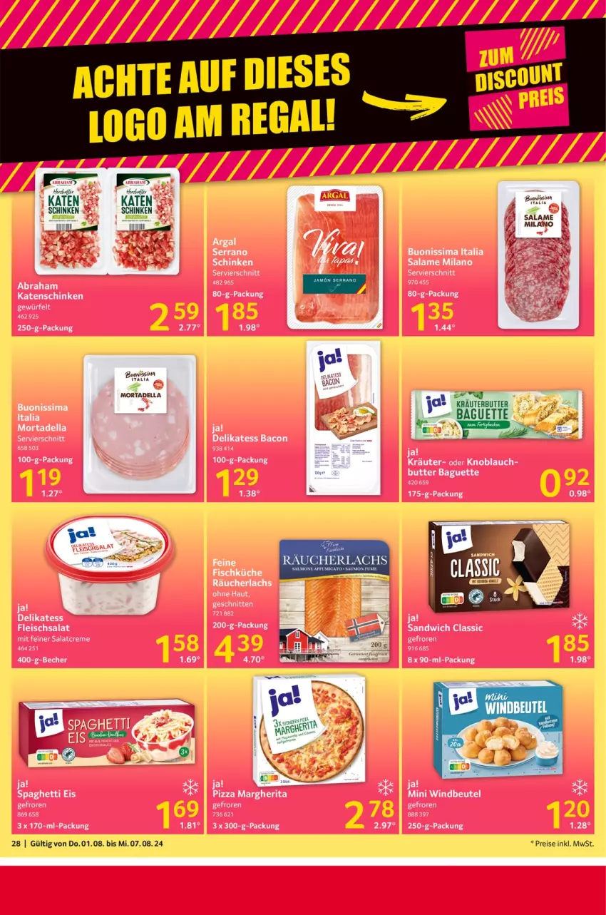 Aktueller Prospekt Selgros - Food - von 01.08 bis 07.08.2024 - strona 28 - produkty: bacon, baguette, beutel, butter, creme, dell, eis, fisch, fleisch, fleischsalat, katenschinken, knoblauch, kräuter, küche, lachs, margherita, mortadella, pizza, Räucherlachs, reis, salat, salatcreme, sandwich, schinken, schnitten, serrano, serrano schinken, sim, spaghetti, Ti, Windbeutel, würfel