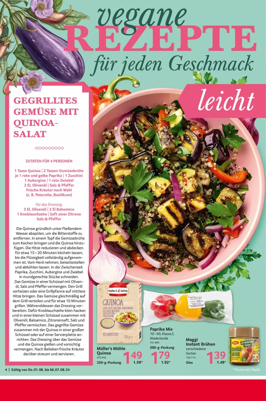 Aktueller Prospekt Selgros - Food - von 01.08 bis 07.08.2024 - strona 4 - produkty: aubergine, balsam, balsamico, basilikum, Brühe, decke, dressing, eis, elle, Gemüsebrühe, gin, grill, Grillpfanne, knoblauch, kräuter, latte, leine, mac, maggi, Müller, olive, oliven, olivenöl, paprika, paprika mix, petersilie, pfanne, pfeffer, quinoa, reis, rezept, rezepte, ring, Rote Zwiebel, rwe, saft, salz, schüssel, Spülen, tasse, Ti, topf, wasser, zitrone, zitronen, zitronensaft, zucchini, zwiebel