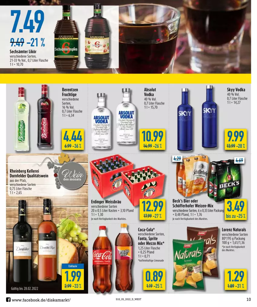 Aktueller Prospekt Diska - Prospekte - von 31.01 bis 05.02.2022 - strona 10 - produkty: berentzen, bier, cola, dornfelder, eis, elle, erdinger, fanta, flasche, frucht, likör, limo, limonade, lorenz, Mezzo Mix, natur, natura, qualitätswein, schöfferhofer, skyy, Skyy Vodka, sprite, Ti, vodka, wein