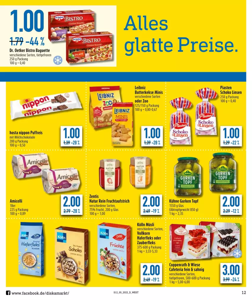 Aktueller Prospekt Diska - Prospekte - von 31.01 bis 05.02.2022 - strona 12 - produkty: amicelli, aufstrich, baguette, Bistro Baguette, butter, butterkeks, coppenrath, Dr. Oetker, eis, frucht, fruchtaufstrich, gurke, gurken, hafer, haferfleks, keks, kekse, kölln, korn, Kühne, latte, leibniz, linsen, milch, müsli, natur, nippon, reis, Ria, schoko, schokolade, Ti, topf