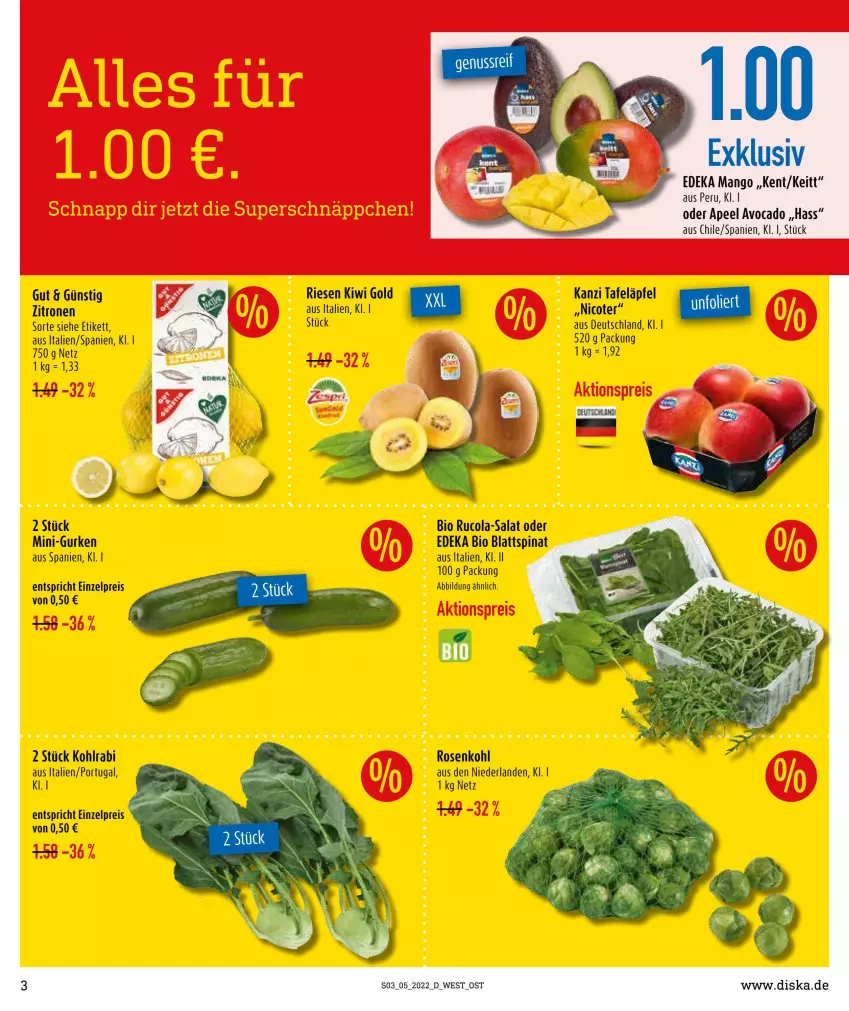 Aktueller Prospekt Diska - Prospekte - von 31.01 bis 05.02.2022 - strona 3 - produkty: bio, blattspinat, cola, deka, edeka bio, eis, gurke, gurken, kiwi, Kiwi Gold, kohlrabi, mini-gurken, reis, rosen, Rosenkohl, rucola, salat, spinat, tafeläpfel, tee, Ti