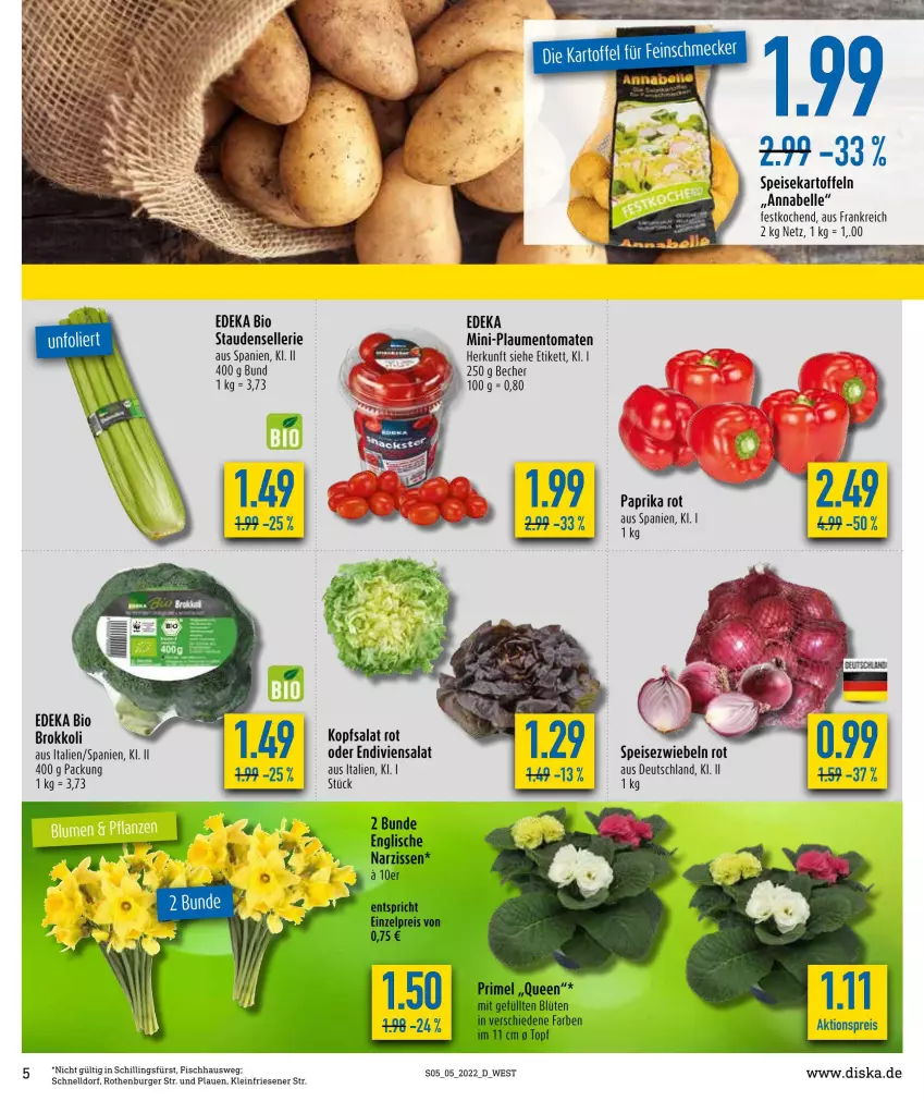 Aktueller Prospekt Diska - Prospekte - von 31.01 bis 05.02.2022 - strona 5 - produkty: aktionspreis, Becher, bio, Blüte, brokkoli, burger, deka, edeka bio, eis, elle, fisch, kartoffel, kartoffeln, kopfsalat, Narzissen, paprika, paprika rot, reis, salat, speisekartoffeln, Speisezwiebeln, stauden, Ti, tomate, tomaten, topf, zwiebel, zwiebeln