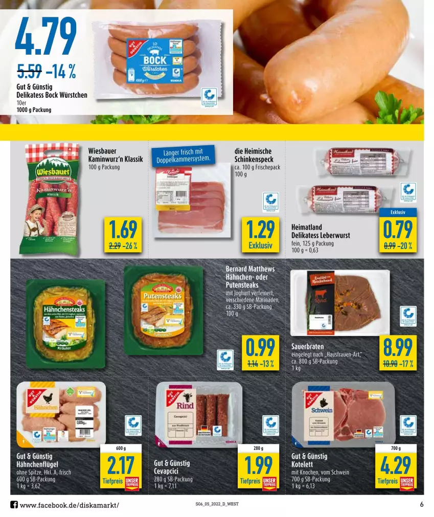 Aktueller Prospekt Diska - Prospekte - von 31.01 bis 05.02.2022 - strona 6 - produkty: auer, Bau, Bauer, eis, ente, hähnchenflügel, joghur, joghurt, Kamin, Kaminwurz, leberwurst, pute, putensteaks, reis, schinken, schinkenspeck, Speck, steak, steaks, Ti, tiefpreis, wiesbauer, wurst, würstchen