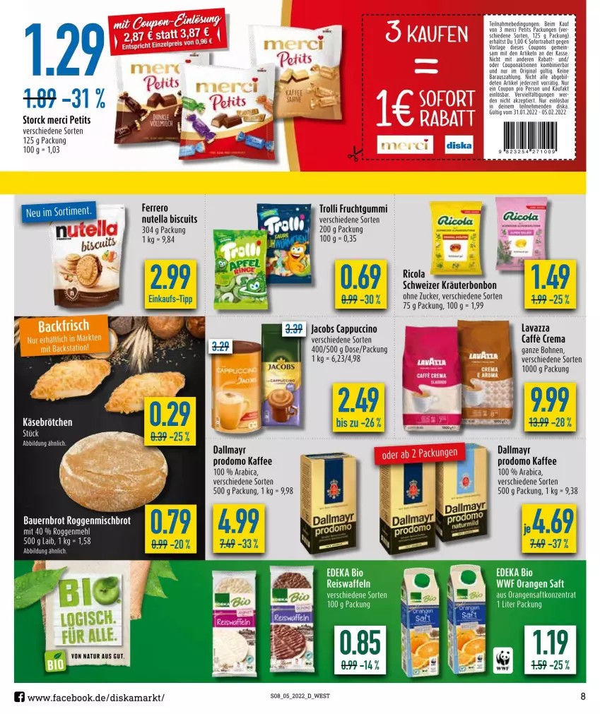 Aktueller Prospekt Diska - Prospekte - von 31.01 bis 05.02.2022 - strona 8 - produkty: bohne, bohnen, brötchen, caffe, Cap, cappuccino, cin, cola, coupon, coupons, ferrero, frucht, fruchtgummi, gin, jacobs, kaffee, Käse, kräuter, merci, natur, nutella, prodomo, Ricola, sofortrabatt, storck, Ti, trolli, trolli fruchtgummi, zucker