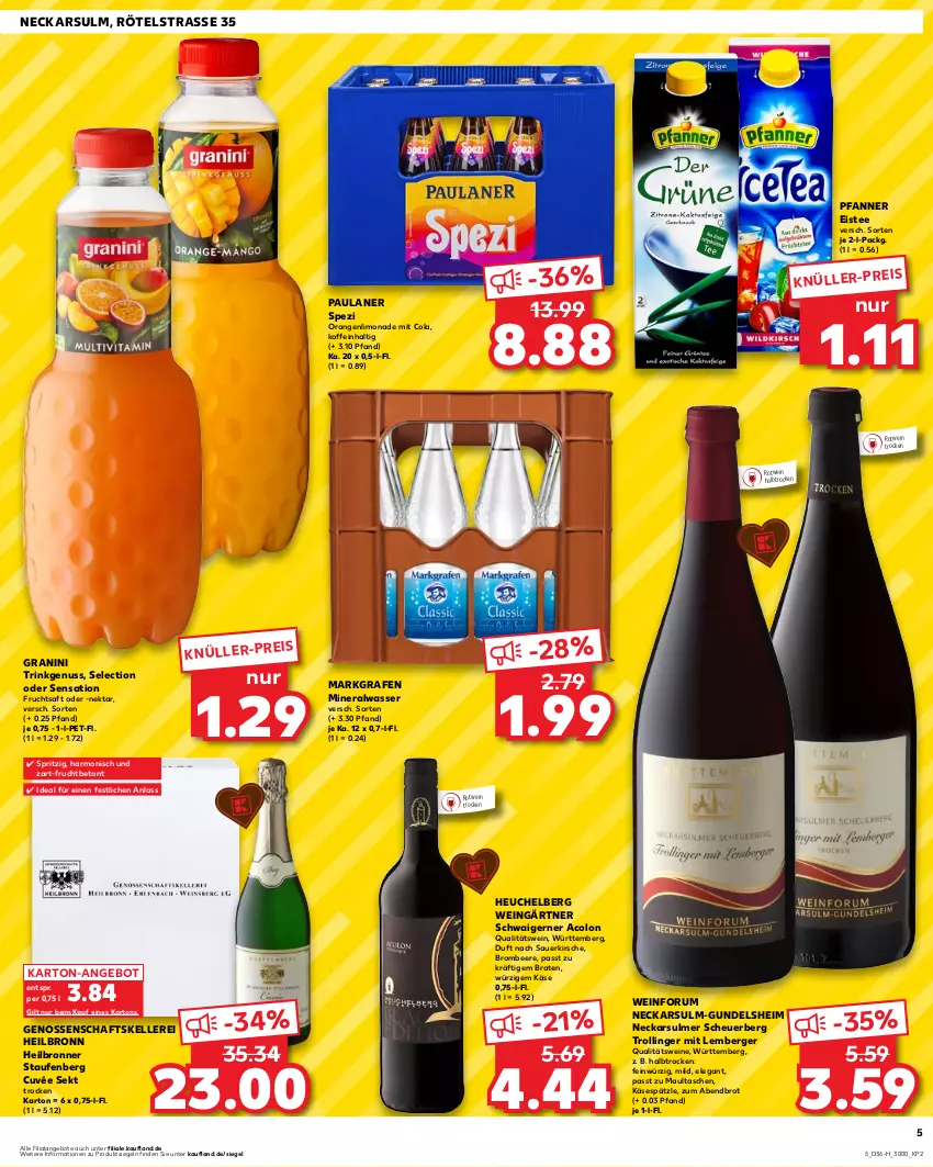 Aktueller Prospekt Kaufland - Extra-Angebote - von 07.09 bis 13.09.2023 - strona 5 - produkty: Alwa, angebot, angebote, auer, beere, Berger, braten, brombeere, Bronner, brot, cola, cuvée, eis, eistee, elle, frucht, fruchtsaft, granini, Heu, Käse, kirsch, kirsche, limo, limonade, maultaschen, mineralwasser, Nektar, nuss, orange, orangen, Paula, paulaner, pfanne, Pfanner, qualitätswein, qualitätsweine, rotwein, rum, saft, sekt, Spezi, Tasche, taschen, tee, Ti, trolli, trollinger, wasser, wein, weine