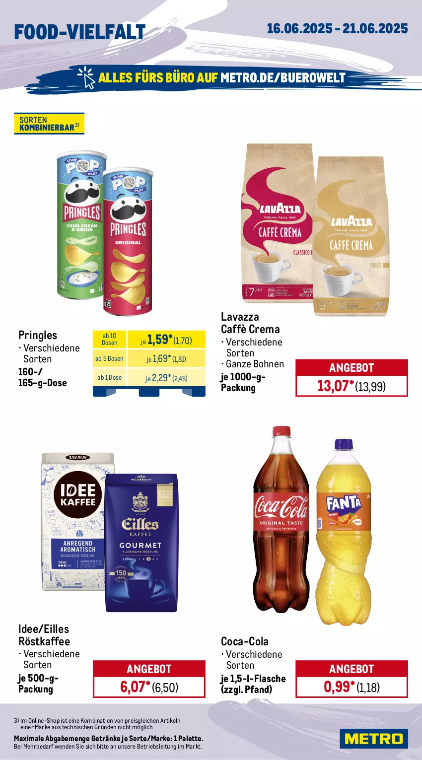 Aktueller Prospekt Metro - Wochen-Angebote - von 16.06 bis 21.06.2025 - strona 12 - produkty: angebot, bier, bio, bionade, bohne, bohnen, bügel, bügelflasche, burger, caffè crema, coca-cola, cola, eis, elle, flasche, flensburger, getränk, getränke, kaffee, lavazza, Metro, Palette, pils, pilsener, pringles, reis, ring, röstkaffee, Sierra, sierra tequila, tequila, Ti
