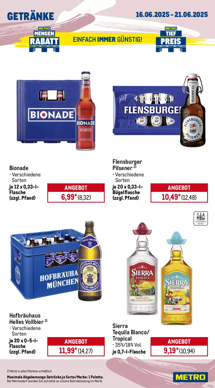 Aktueller Prospekt Metro - Wochen-Angebote - von 16.06 bis 21.06.2025 - strona 13 - produkty: angebot, bier, bio, bionade, bohne, bohnen, bügel, bügelflasche, burger, caffè crema, coca-cola, cola, eis, elle, flasche, flensburger, getränk, getränke, kaffee, lavazza, Metro, Palette, pils, pilsener, pringles, reis, ring, röstkaffee, Sierra, sierra tequila, tequila, Ti