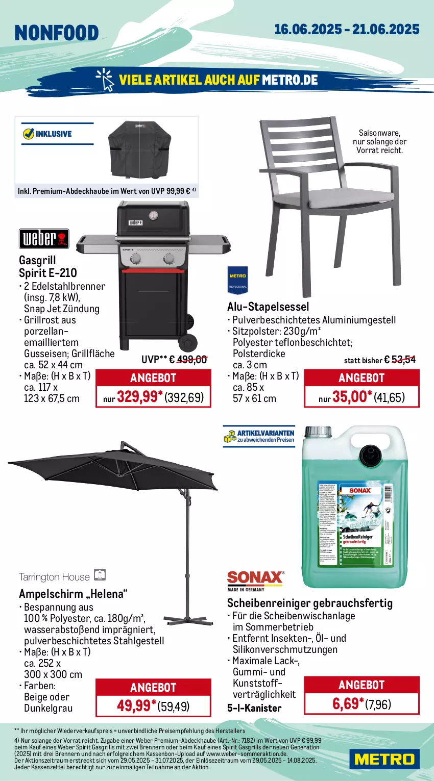 Aktueller Prospekt Metro - Wochen-Angebote - von 16.06 bis 21.06.2025 - strona 21 - produkty: abdeckhaube, aluminiumgestell, ampelschirm, angebot, edelstahl, eis, elle, gasgrill, grill, grillfläche, grillrost, lack, LG, Metro, Rauch, reiniger, reis, Scheibenreiniger, sekt, sessel, stapelsessel, teller, Ti, wasser, weber