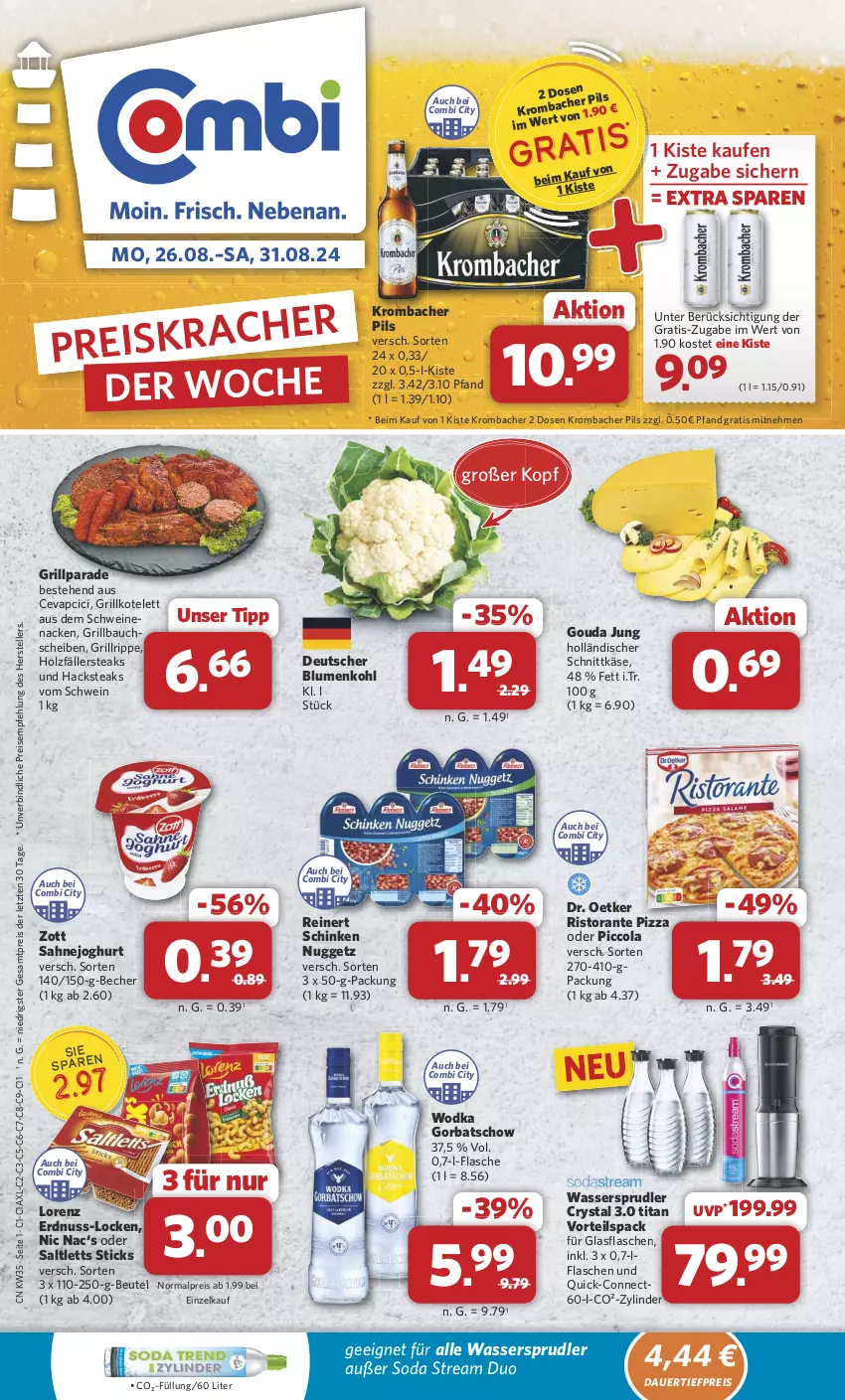 Aktueller Prospekt Combi - Prospekte - von 26.08 bis 31.08.2024 - strona 1 - produkty: auer, Bau, bauchscheiben, Becher, beutel, blume, blumen, blumenkohl, cevapcici, cola, dauertiefpreis, Dr. Oetker, eis, elle, erdnuss, flasche, glasflasche, Gorbatschow, gouda, gouda jung, grill, Grillbauch, grillkotelett, grillrippe, holländischer schnittkäse, Holz, holzfällersteaks, joghur, joghurt, Käse, kotelett, krombache, krombacher, krombacher pils, lorenz, nuss, pils, pizza, reinert, reis, ristorante, ristorante pizza, sahne, Sahnejoghurt, saltletts, schinken, schnittkäse, schwein, schweine, schweinenacken, Soda, steak, steaks, teller, Ti, tiefpreis, wasser, wassersprudler, wein, weine, wodka, zott, ZTE