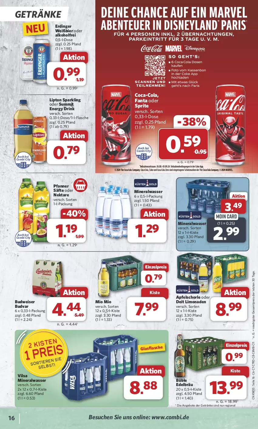 Aktueller Prospekt Combi - Prospekte - von 26.08 bis 31.08.2024 - strona 16 - produkty: alkohol, Alwa, angebot, angebote, apfel, Apfelschorle, bier, budweiser, coca-cola, cola, deit, drink, eis, energy drink, erdinger, fanta, fanta oder, fanta oder sprite, flasche, getränk, getränke, glasflasche, limo, limonade, limonaden, lipton, mineralwasser, Mio Mio, Nektar, oder sprite, pfanne, Pfanner, reis, säfte, schorle, sprite, Ti, vilsa, wasser, ZTE