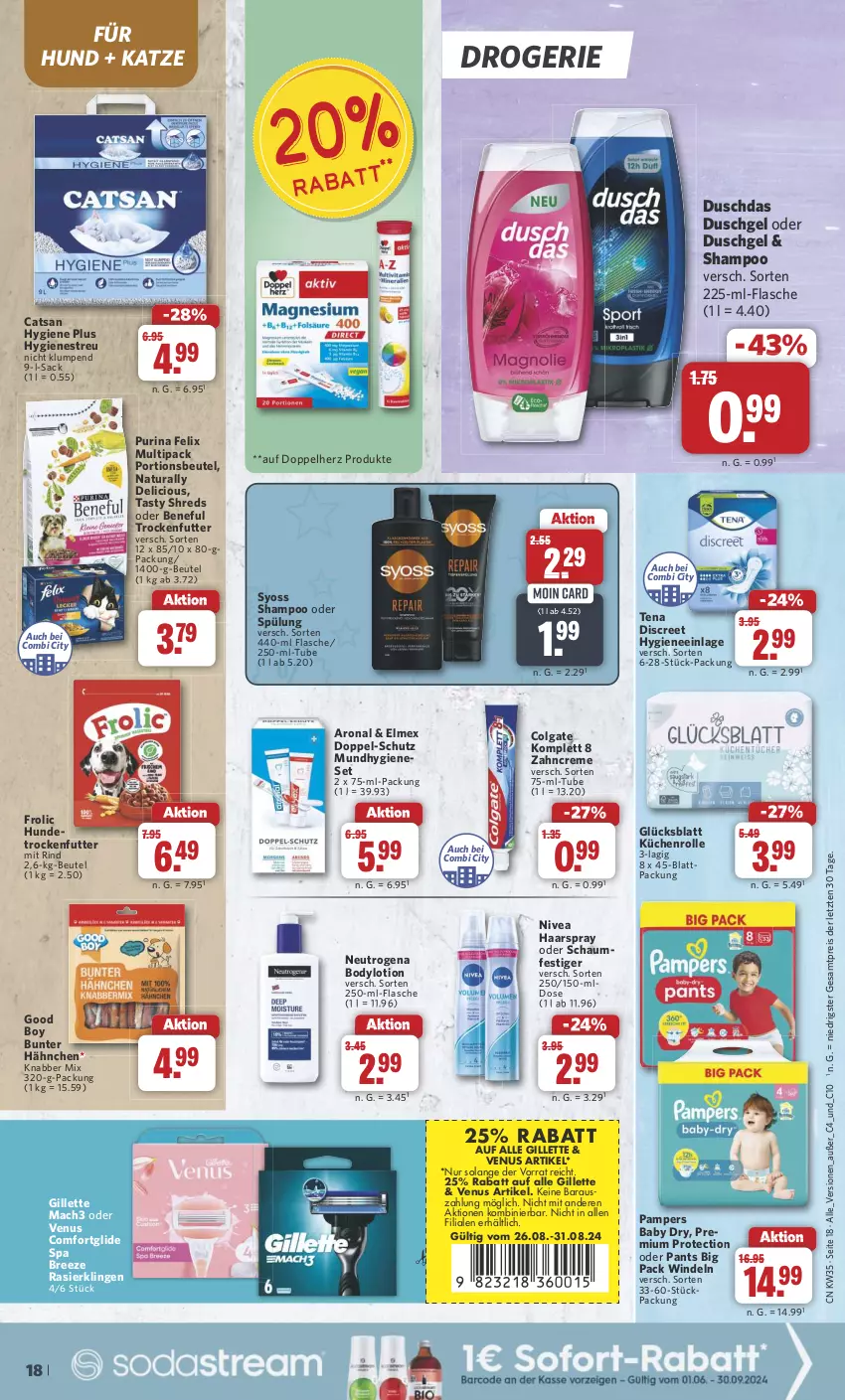 Aktueller Prospekt Combi - Prospekte - von 26.08 bis 31.08.2024 - strona 18 - produkty: beutel, body, bodylotion, bree, catsan, colgate, creme, Discreet, doppelherz, duschdas, duschgel, eis, elmex, felix, flasche, frolic, gillette, haarspray, küche, Küchen, küchenrolle, LG, Lotion, mac, mach3, Mundhygiene, natur, natura, neutrogena, nivea, oder schaumfestiger, pampers, pampers baby dry, Pants, portionsbeutel, purina, Rasierklinge, rasierklingen, reis, rind, sac, schaumfestiger, shampoo, shampoo oder spülung, spülung, syoss, Ti, trockenfutter, venus, windeln, Yo, zahncreme, ZTE