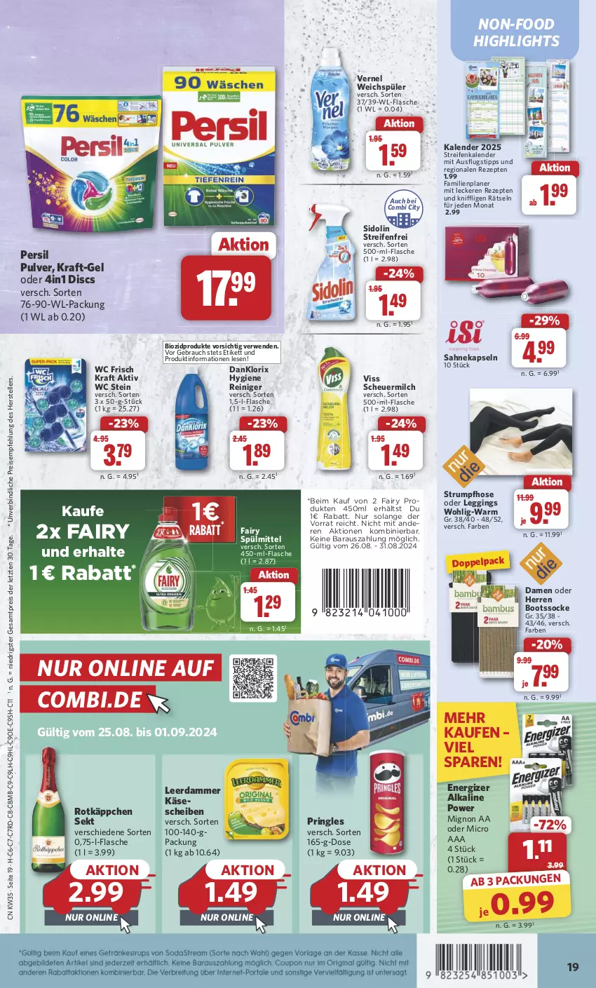 Aktueller Prospekt Combi - Prospekte - von 26.08 bis 31.08.2024 - strona 19 - produkty: bio, biozidprodukte, danklorix, eis, elle, energizer, fairy, Familienplaner, flasche, gin, Heu, hose, Käse, käsescheiben, kraft, leerdammer, leggings, milch, persil, pringles, Rauch, reifen, reiniger, reis, rezept, rezepte, ring, rotkäppchen, rum, rwe, sahne, scheuermilch, sekt, sidolin, spülmittel, Strumpfhose, teller, Ti, vernel, wc frisch, WC Frisch Kraft Aktiv, weichspüler, ZTE