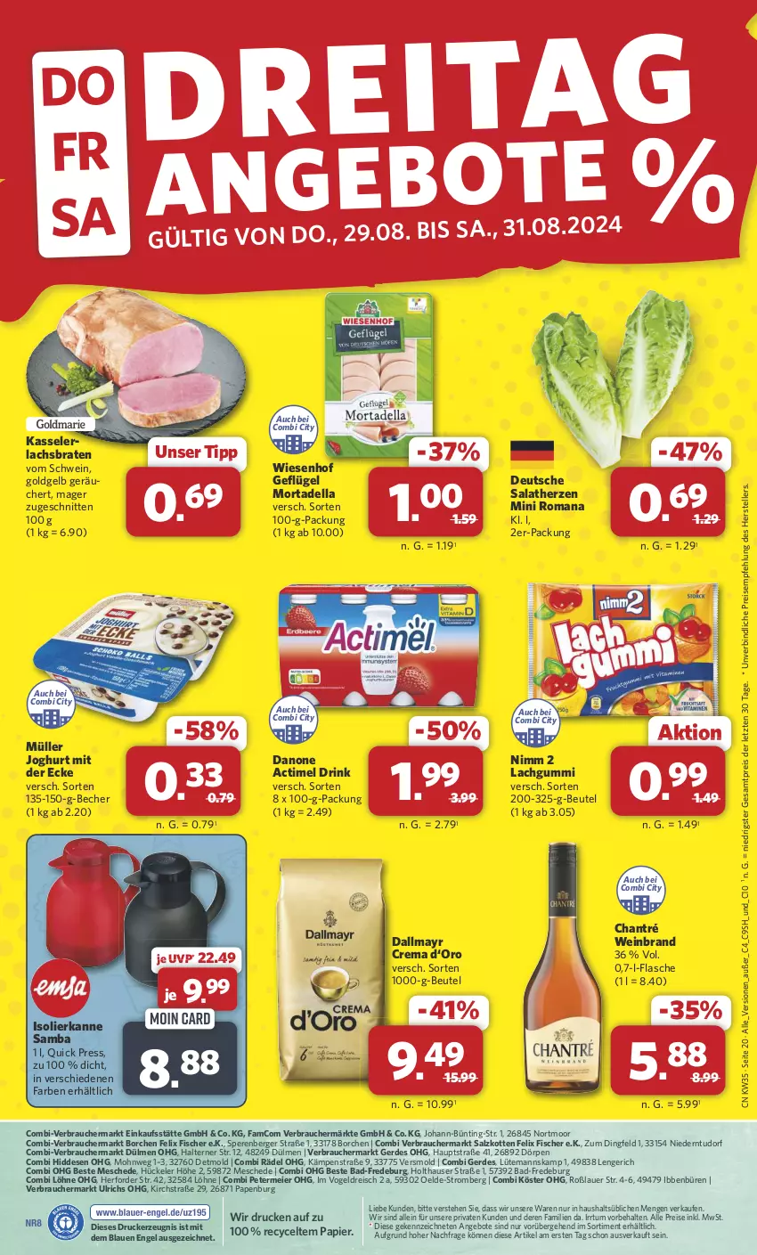 Aktueller Prospekt Combi - Prospekte - von 26.08 bis 31.08.2024 - strona 20 - produkty: actimel, actimel drink, aeg, angebot, angebote, auer, Bad, Becher, Berger, beutel, braten, chantré, dallmayr, danone, danone actimel drink, dell, drink, drucker, eier, eis, elle, Engel, erde, felix, fisch, fische, Fischer, flasche, Geflügel, isolierkanne, joghur, joghurt, joghurt mit der ecke, kasseler, kerze, lachgummi, lachs, Lachsbraten, mortadella, Müller, Nimm 2, papier, Rauch, reis, salat, salatherzen, salz, schnitten, schwein, teller, Ti, wein, weinbrand, wiesenhof, ZTE