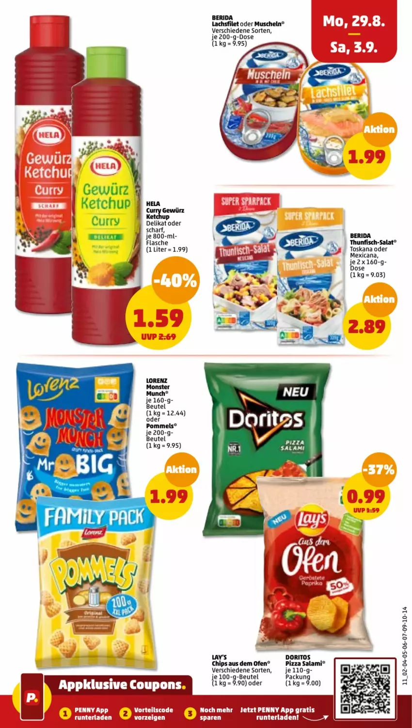 Aktueller Prospekt Penny - Prospekte - von 29.08 bis 03.09.2022 - strona 11 - produkty: beutel, chips, curry, Doritos, eis, filet, fisch, flasche, ketchup, lachs, lachsfilet, lay's, lorenz, monster, Muscheln, Ofen, pizza, Pommels, salami, salat, thunfisch