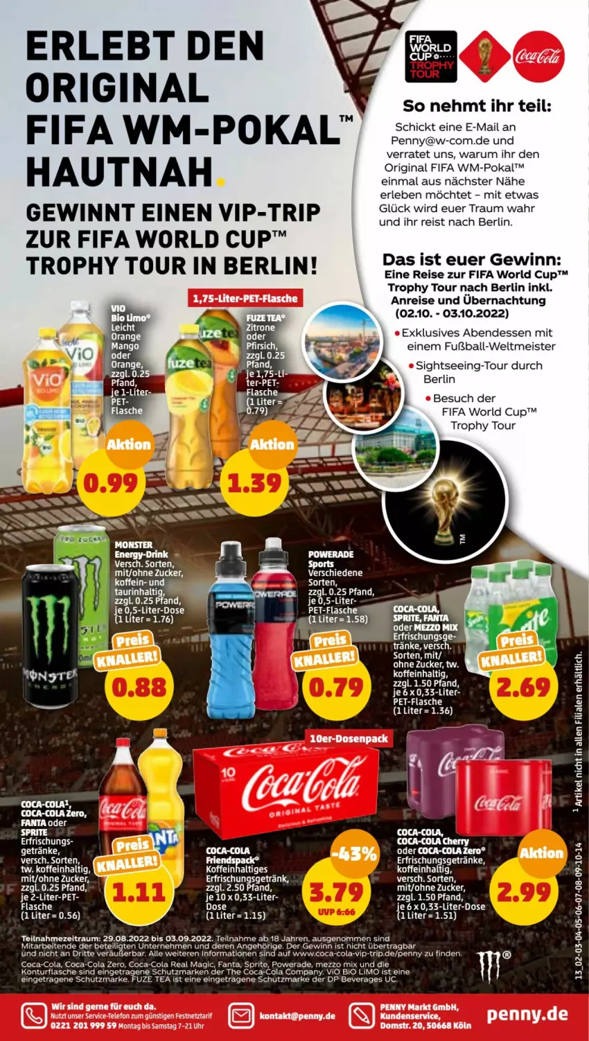 Aktueller Prospekt Penny - Prospekte - von 29.08 bis 03.09.2022 - strona 13 - produkty: aeg, ball, bio, bio limo, coca-cola, cola, eis, fanta, fanta oder, flasche, Fußball, fuze tea, gin, HP, limo, Meister, Mezzo Mix, orange, pet-flasche, reis, rum, salat, salate, sprite, tee, telefon, Ti, uhr, vio bio limo, zucker