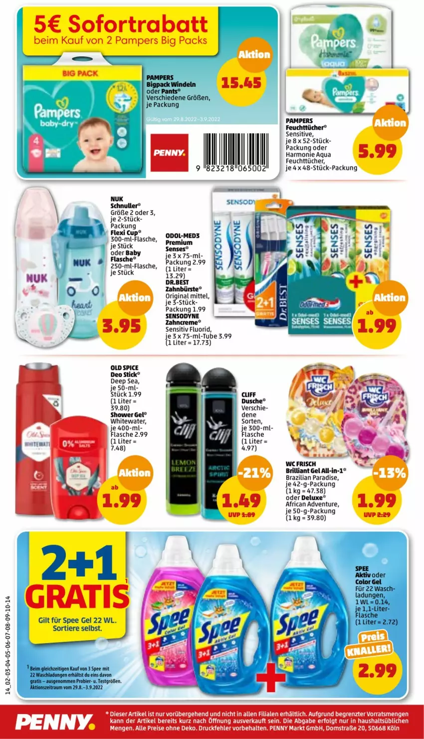 Aktueller Prospekt Penny - Prospekte - von 29.08 bis 03.09.2022 - strona 14 - produkty: aqua, Brazilian, bürste, creme, deo, dusche, feuchttücher, flasche, gin, nuk, Odol, Old Spice, sensodyne, spee, Ti, Tiere, tücher, wc frisch, zahnbürste, zahncreme