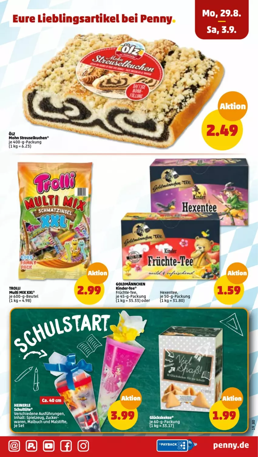 Aktueller Prospekt Penny - Prospekte - von 29.08 bis 03.09.2022 - strona 19 - produkty: beutel, buch, ente, früchte, keks, kekse, Kinder, kuchen, Malbuch, spielzeug, stifte, Streuselkuchen, tee, Ti, trolli, Tüte, zucker