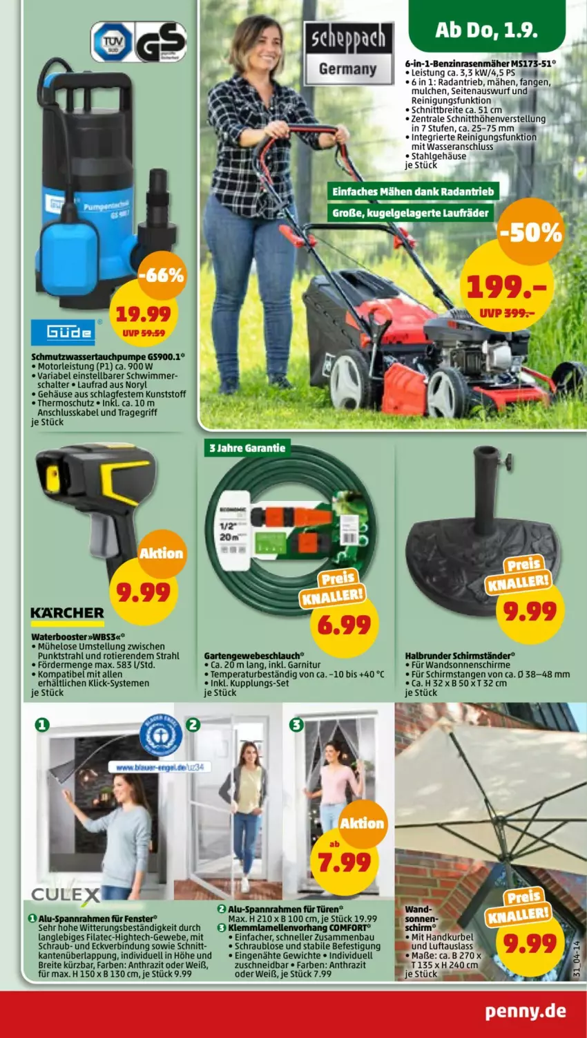 Aktueller Prospekt Penny - Prospekte - von 29.08 bis 03.09.2022 - strona 31 - produkty: Bau, Brei, eis, elle, emmi, garnitur, Garten, HP, karcher, Laufrad, ndk, rasen, rasenmäher, Reinigung, Ria, Schal, schirme, schirmständer, schlauch, sonnenschirm, Ti, Tiere, tragegriff, wasser