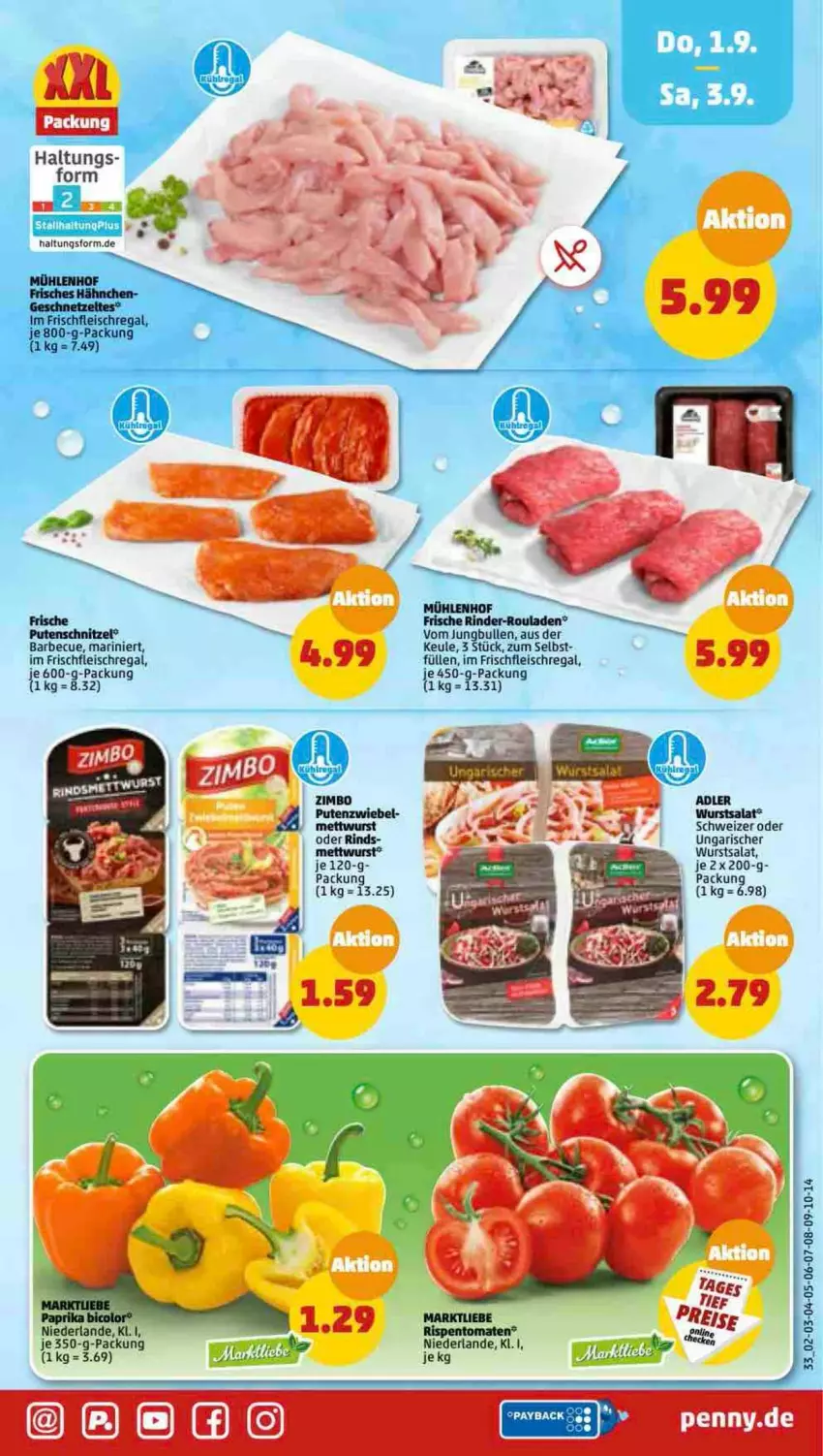 Aktueller Prospekt Penny - Prospekte - von 29.08 bis 03.09.2022 - strona 33 - produkty: barbecue, eis, fleisch, jungbullen, Mett, mettwurst, pute, regal, rind, rinder, rinder-rouladen, rispentomaten, rouladen, salat, tomate, tomaten, wurst, zimbo, zwiebel