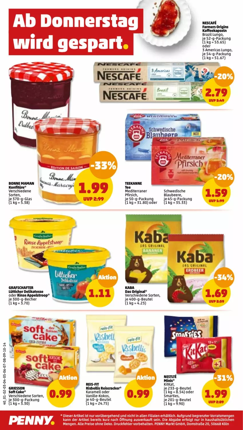 Aktueller Prospekt Penny - Prospekte - von 29.08 bis 03.09.2022 - strona 40 - produkty: Becher, beere, beutel, Blaubeer, blaubeere, cracker, eis, gin, grafschafter, griesson, kaffee, kaffeekapseln, karamell, kitkat, kokos, konfitüre, LG, lungo, nescafe, pfirsich, reis, reis-fit, smarties, tee, teekanne, Ti, vanille, ZTE