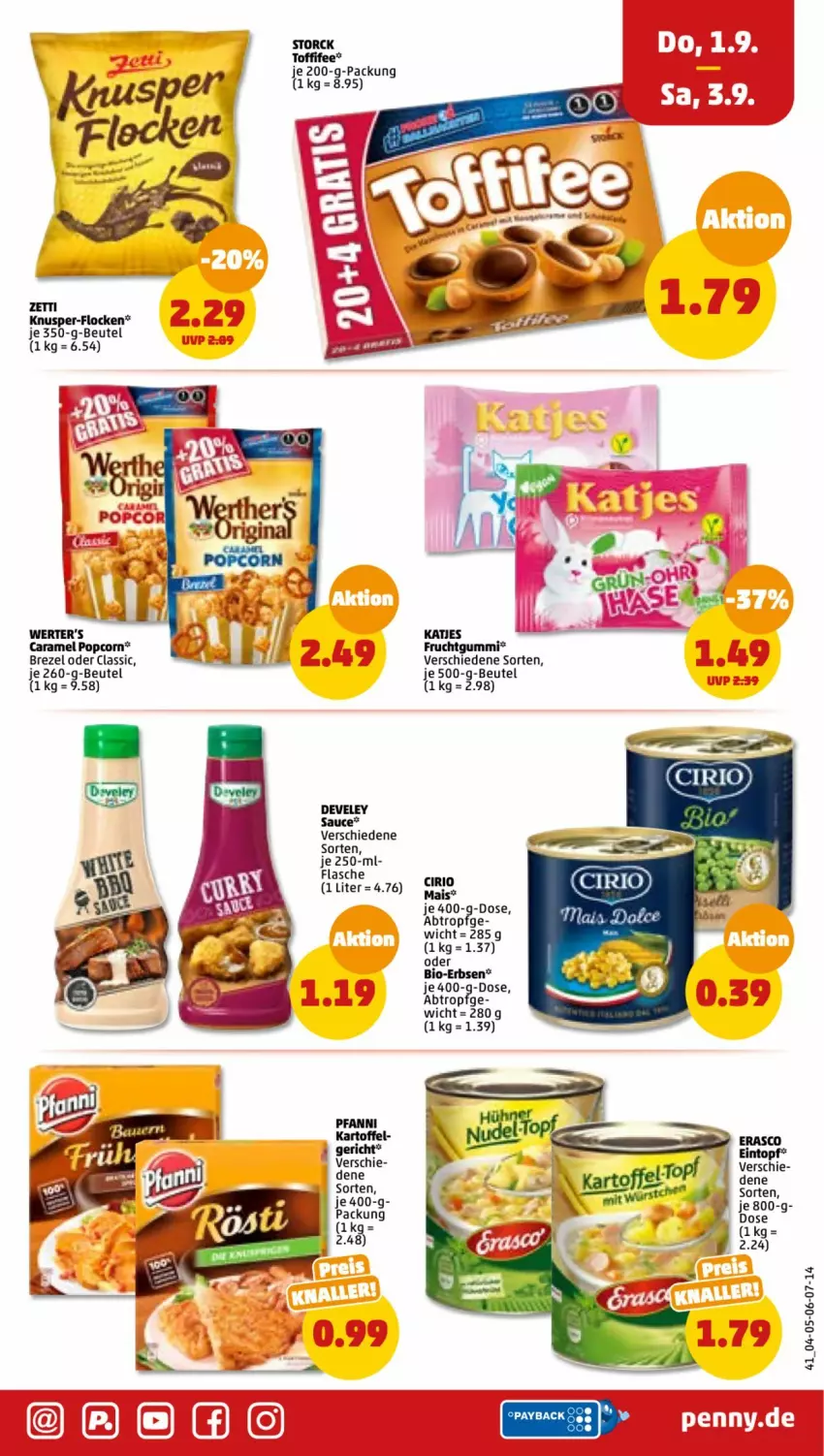 Aktueller Prospekt Penny - Prospekte - von 29.08 bis 03.09.2022 - strona 41 - produkty: beutel, bio, brezel, caramel, cirio, develey, eintopf, erasco, erbsen, flasche, frucht, fruchtgummi, kartoffel, mais, popcorn, sauce, storck, Ti, toffifee, topf