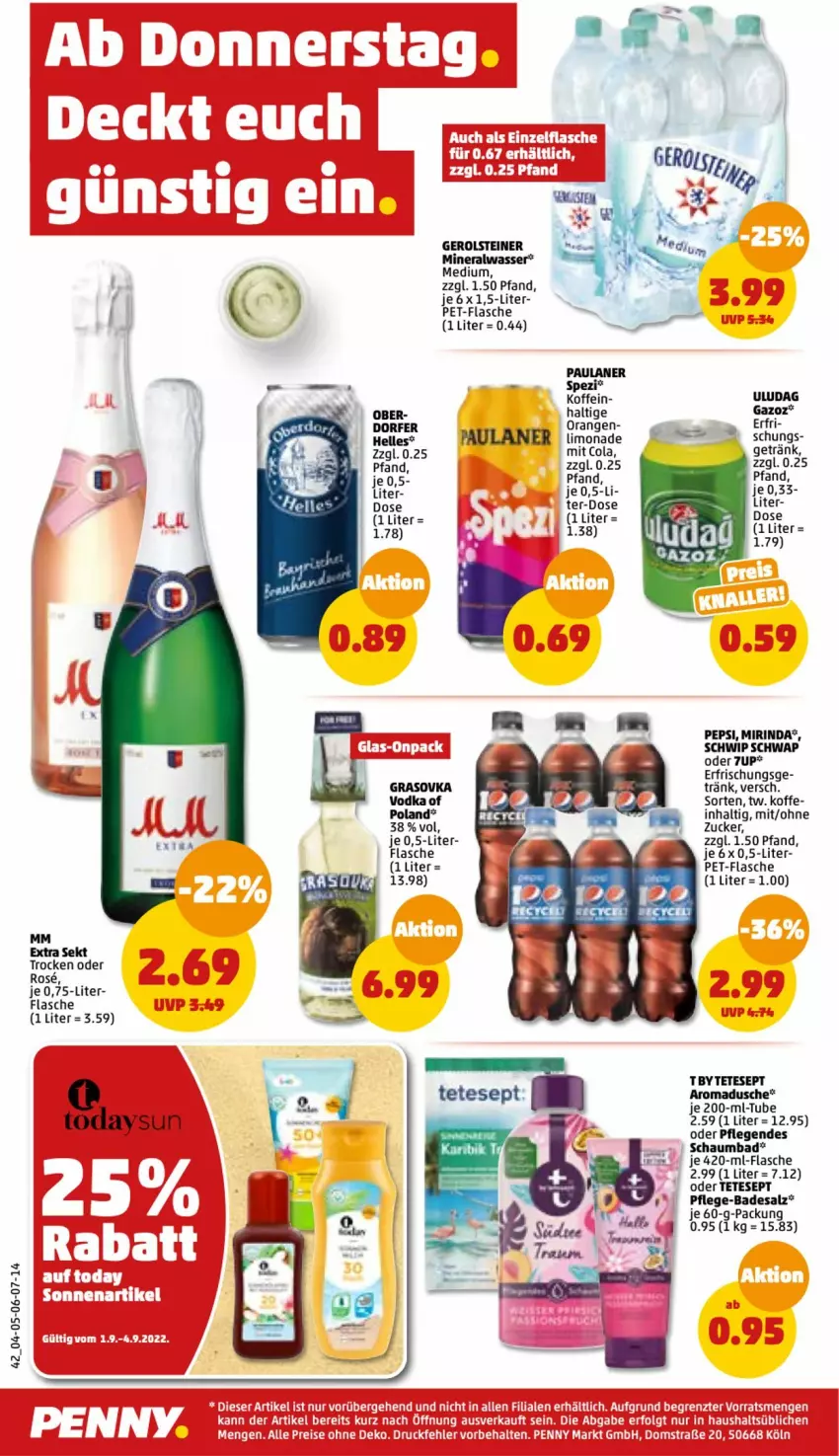 Aktueller Prospekt Penny - Prospekte - von 29.08 bis 03.09.2022 - strona 42 - produkty: 7UP, Alwa, Bad, cola, dusche, elle, flasche, gerolsteine, gerolsteiner, getränk, mineralwasser, Mirinda, mm extra, Paula, paulaner, pepsi, pet-flasche, rind, salz, schaumbad, Schwip Schwap, sekt, Spezi, steiner, Ti, vodka, wasser, zucker