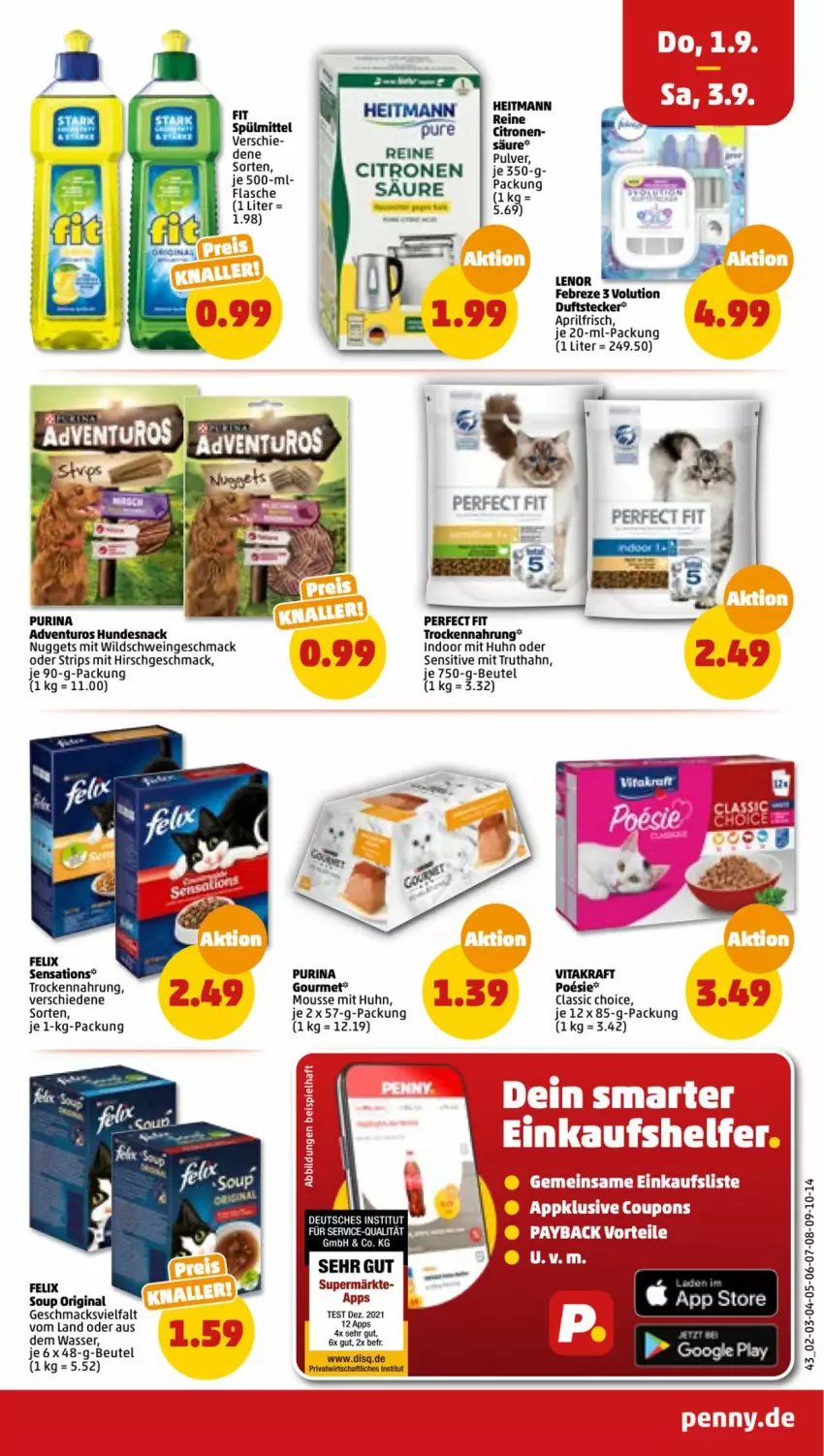 Aktueller Prospekt Penny - Prospekte - von 29.08 bis 03.09.2022 - strona 43 - produkty: beutel, eis, febreze, felix, flasche, gin, heitmann, hundesnack, kraft, mac, mousse, nuggets, Perfect Fit, pril, purina, schwein, sensations, snack, spülmittel, Ti, Trockennahrung, truthahn, vita, vitakraft, wasser, wein, Wild, Wildschwein