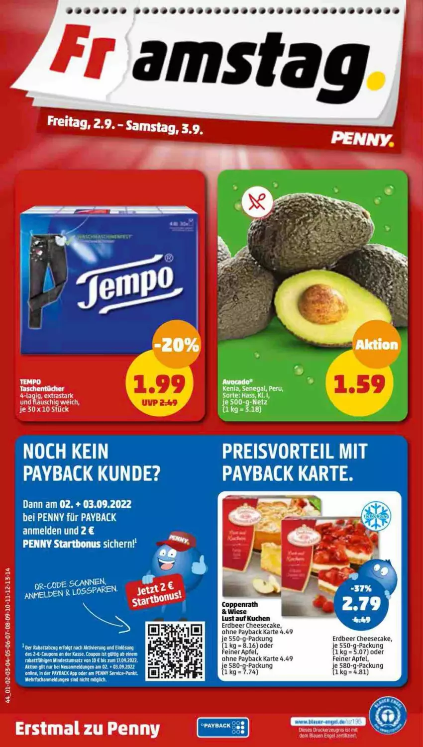 Aktueller Prospekt Penny - Prospekte - von 29.08 bis 03.09.2022 - strona 44 - produkty: apfel, cheesecake, coppenrath, drucker, eis, kerze, kuchen, LG, payback, preisvorteil, reis, Tasche, taschen, taschentücher, telefon, Tempo, Ti, tücher