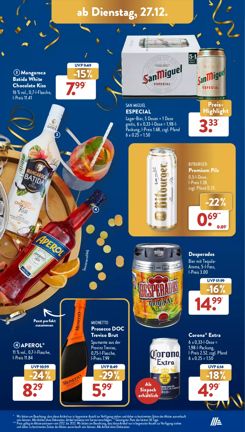 Aktueller Prospekt AldiSud - NÄCHSTE WOCHE - von 27.12 bis 31.12.2022 - strona 21 - produkty: alle artikel ohne dekoration, aperol, batida, bier, bitburger, brut, burger, cola, corona, dekoration, desperados, ecco, eis, flasche, mangaroca, mionetto, pils, premium pils, prosecco, puma, reis, spumante, tequila, Ti, white chocolate, ZTE