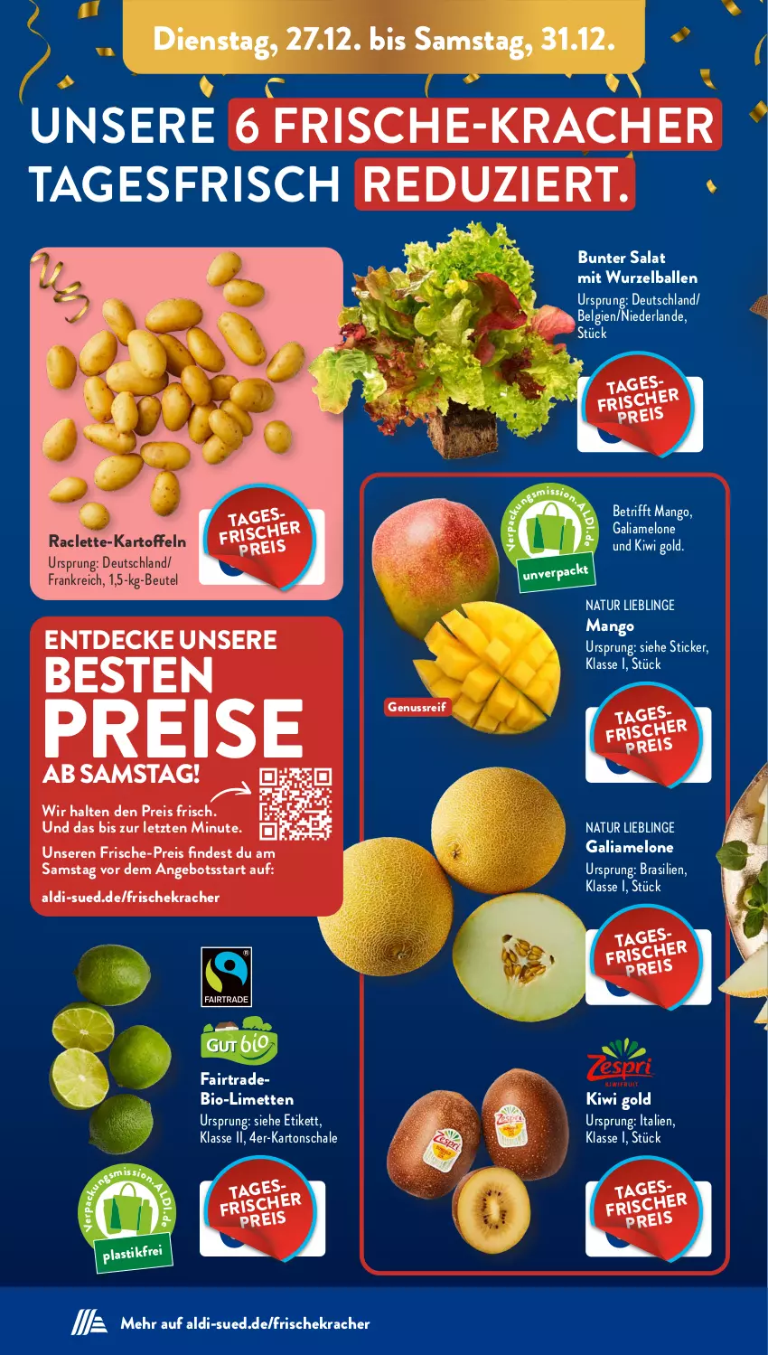 Aktueller Prospekt AldiSud - NÄCHSTE WOCHE - von 27.12 bis 31.12.2022 - strona 4 - produkty: aldi, angebot, asti, ball, beutel, bio, decke, eis, galiamelone, kartoffel, kartoffeln, kiwi, Kiwi Gold, kracher, LG, limette, limetten, mango, melone, Mett, metten, natur, nuss, reis, salat, Schal, Schale, Ti, ZTE