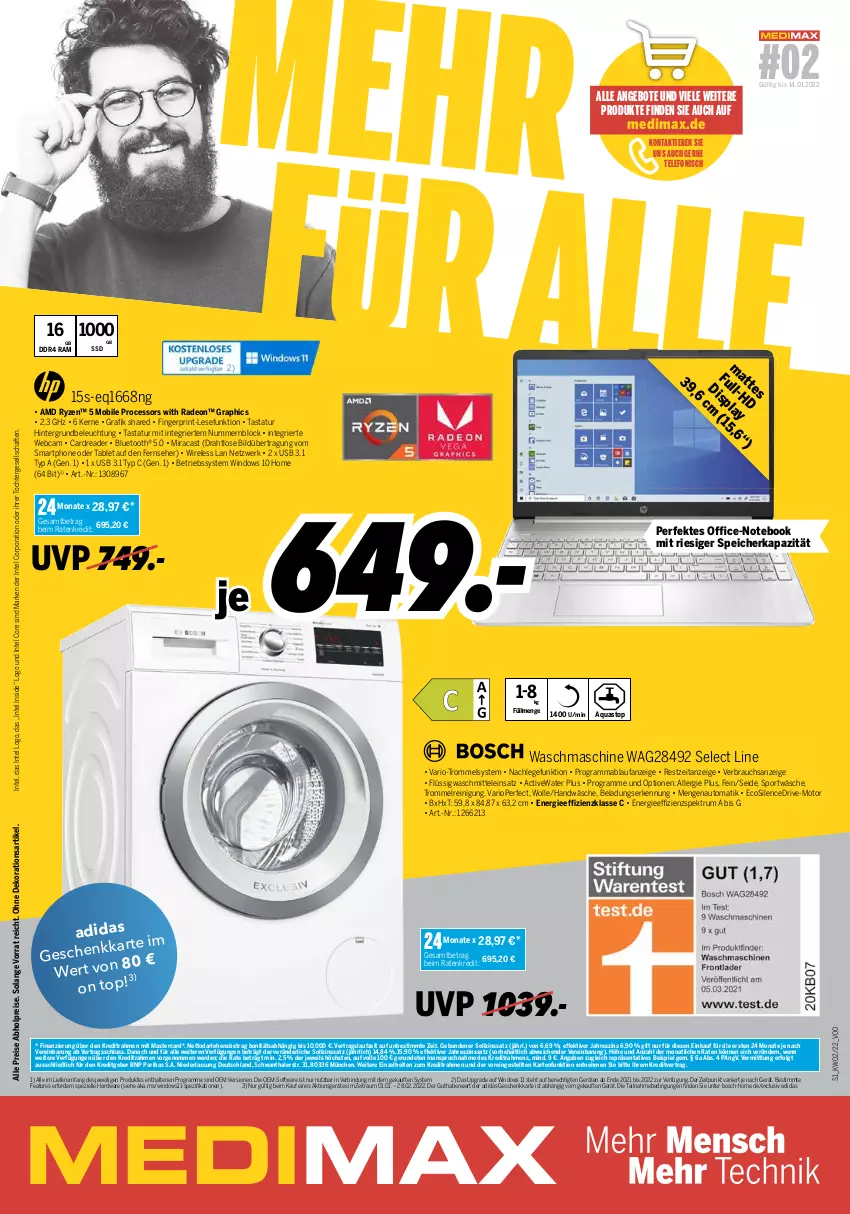 Aktueller Prospekt Medimax - MEDIMAX Prospekt KW02 2022 - von 07.01 bis 13.01.2022 - strona 1 - produkty: abholpreise, Adidas, angebot, angebote, aqua, aquastop, auto, beleuchtung, Betriebssystem, bosch, dekoration, deo, Draht, eis, elle, erde, fernseher, festplatte, gefu, hardware, Intel, latte, LG, mab, mastercard, notebook, office, radeon, Rauch, Reinigung, reis, rel, rum, ryzen, smartphone, Software, Spektrum, Spezi, Sport, ssd, tablet, Tastatur, telefon, Ti, Tiere, trommel, usb, waschmaschine, waschmittel, wolle