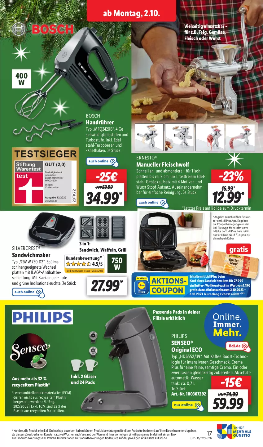 Aktueller Prospekt Lidl - Aktionsprospekt - von 02.10 bis 07.10.2023 - strona 19 - produkty: angebot, asti, auto, bosch, butter, coupon, edelstahl, eis, elle, erde, ernesto, fleisch, gin, Gläser, grill, HP, ilag, kaffee, korn, latte, lebensmittel, Leuchte, mac, Philips, Reinigung, reis, Ria, sandwich, Schal, senseo, silvercrest, spülmaschinen, tasse, Ti, tisch, tischplatte, Tischplatten, toast, topf, waffeln, wasser, wassertank, weck, wurst, ZTE